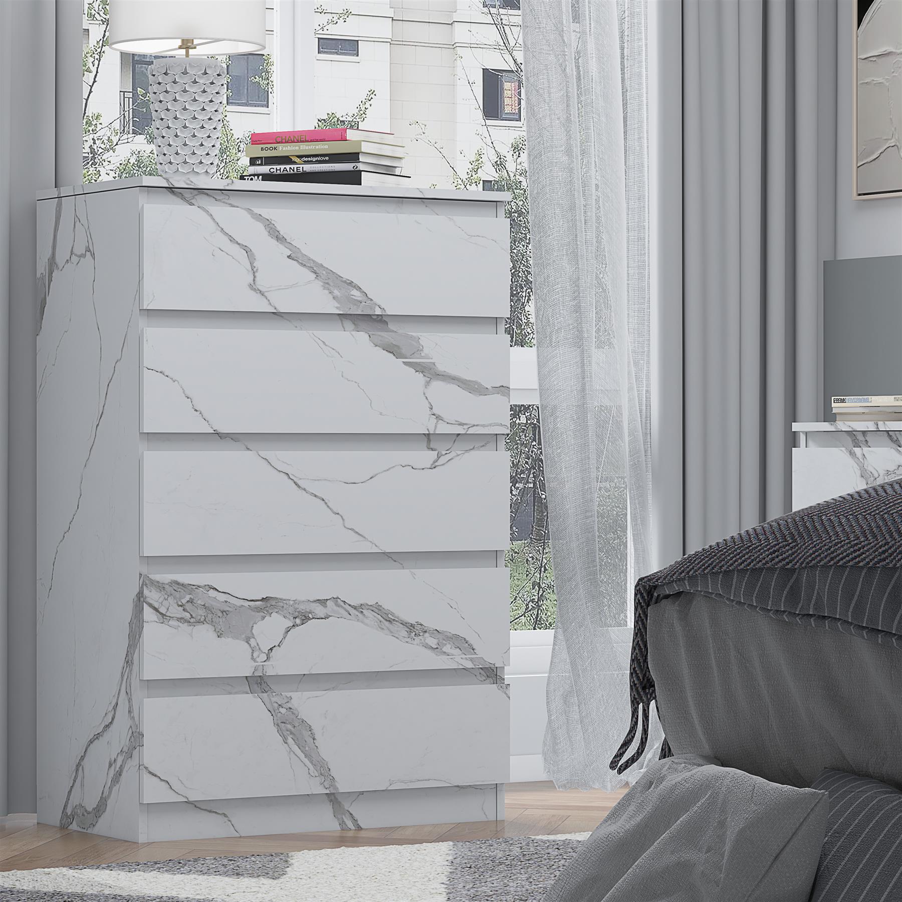 ZITA 5 Drawer Chest - White Marble Effect Bedroom Storage