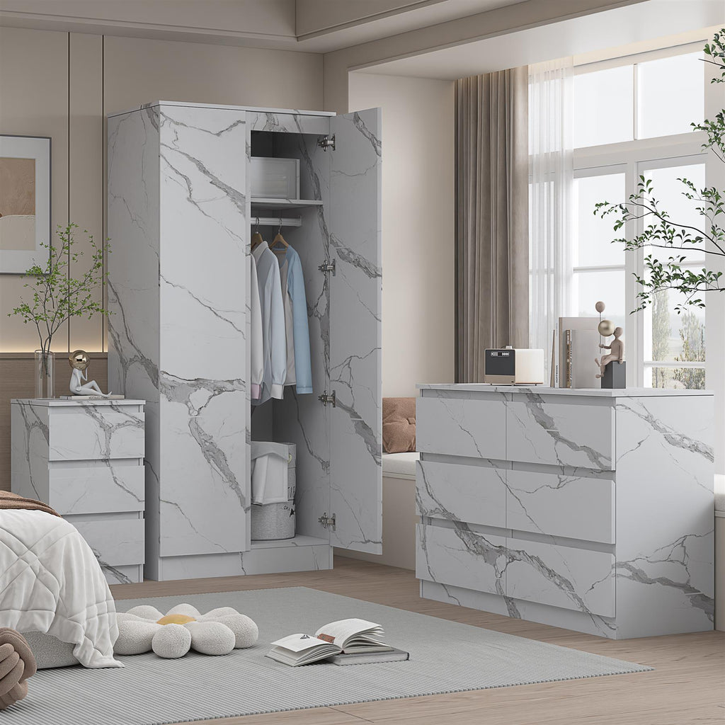ZITA 3pc Set - 2 Door Wardrobe + Wide Chest + Bedside in White OR Grey Marble