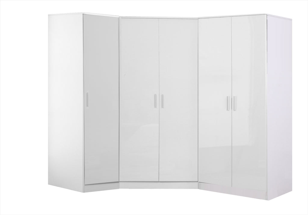 Reflect 3pc Wardrobe Bundle - 2 Door Corner + 2 Door Plain + 1 Door Plain - White Gloss & Matt White - H: 180cm x W: 179cm