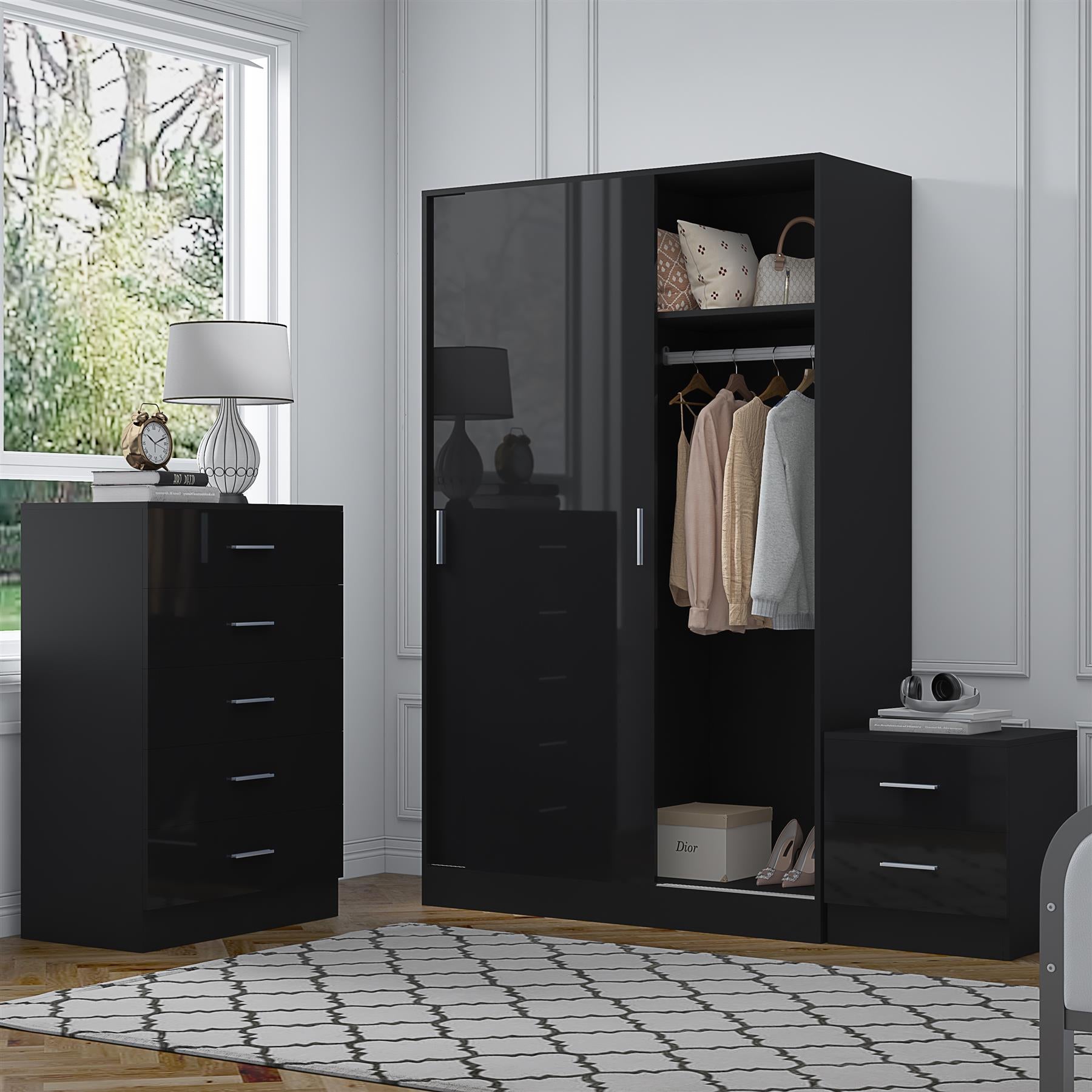 Reflect 2 Door Sliding Wardrobe, 5 Drawer Chest, 2 Drawer Bedside - Black Gloss & Black Oak - Modern Bedroom Furniture Set