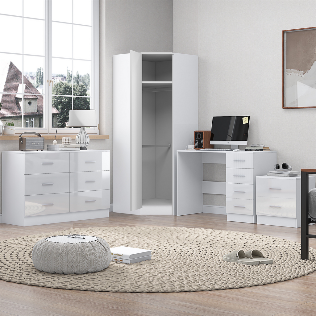 REFLECT - 1 Door Corner + 6 Drawer Chest + 2 Drawer Bedside + 4 Drawer Desk in Gloss White / Matt White