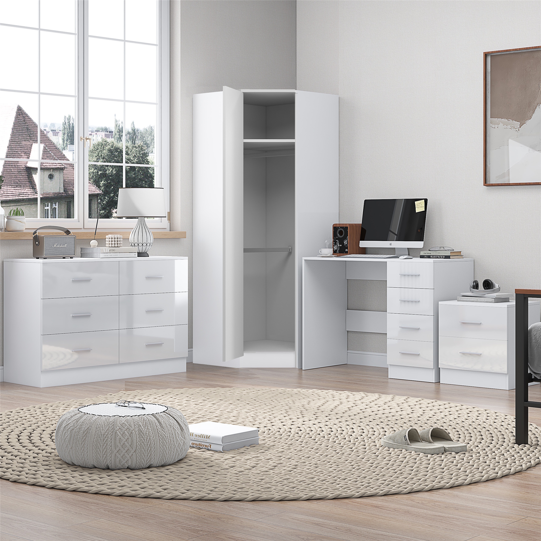REFLECT - 1 Door Corner + 6 Drawer Chest + 2 Drawer Bedside + 4 Drawer Desk in Gloss White / Matt White