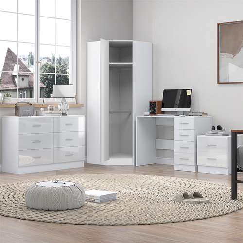 REFLECT - 1 Door Corner + 6 Drawer Chest + 2 Drawer Bedside + 4 Drawer Desk in Gloss White / Matt White