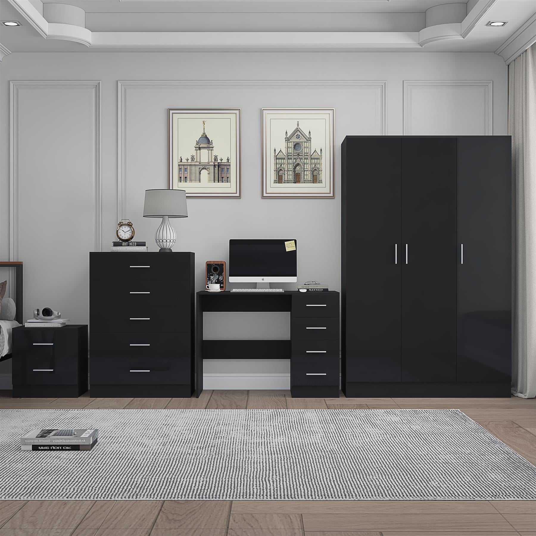 Reflect 3 Door Plain Wardrobe, 5 Drawer Chest, 2 Drawer Bedside & Desk - Black Gloss & Black Oak - Modern Bedroom Furniture Set