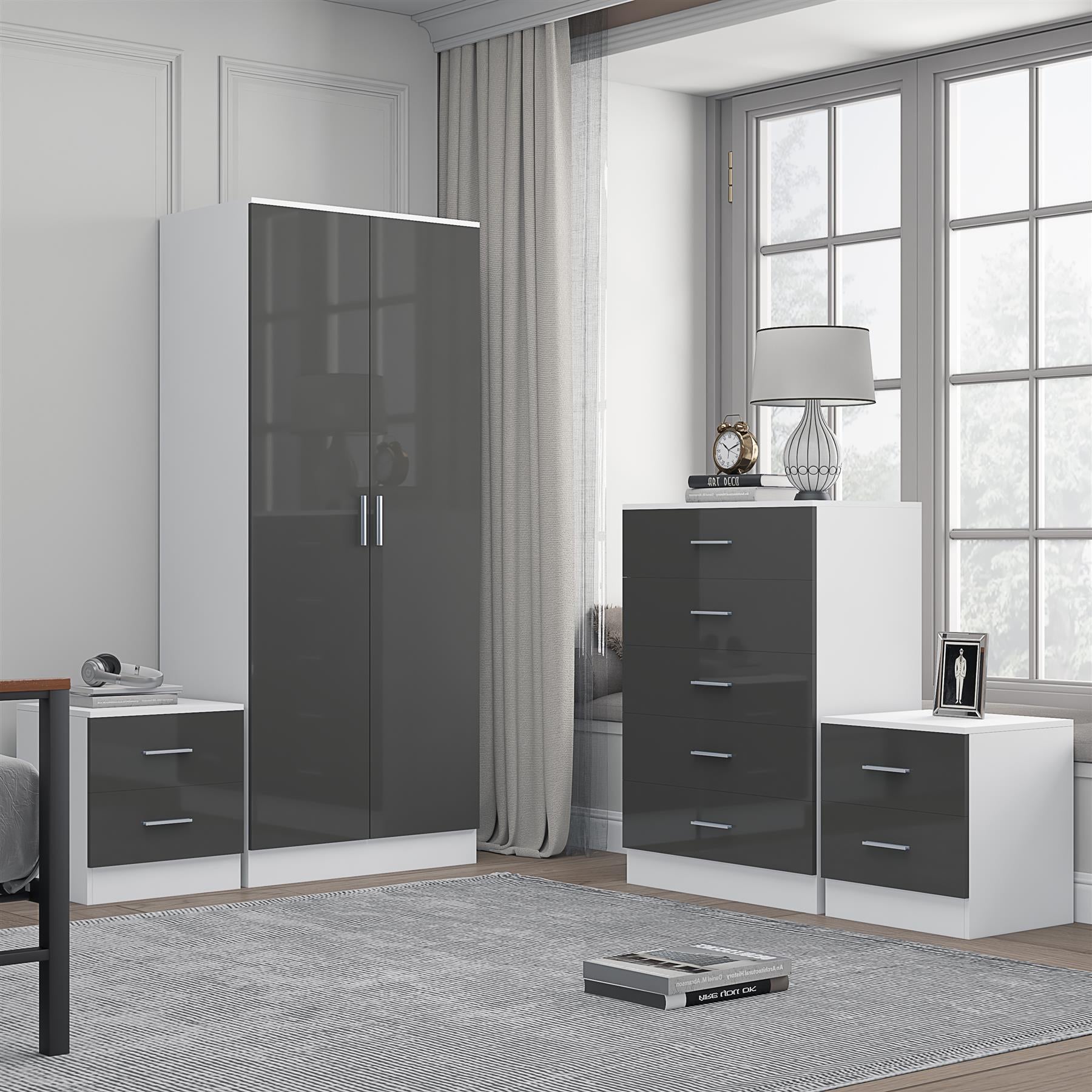 Reflect 2 Door Plain Wardrobe, 5 Drawer Chest, 2x 2 Drawer Bedsides - Grey Gloss & Matt White - Modern Bedroom Furniture Set