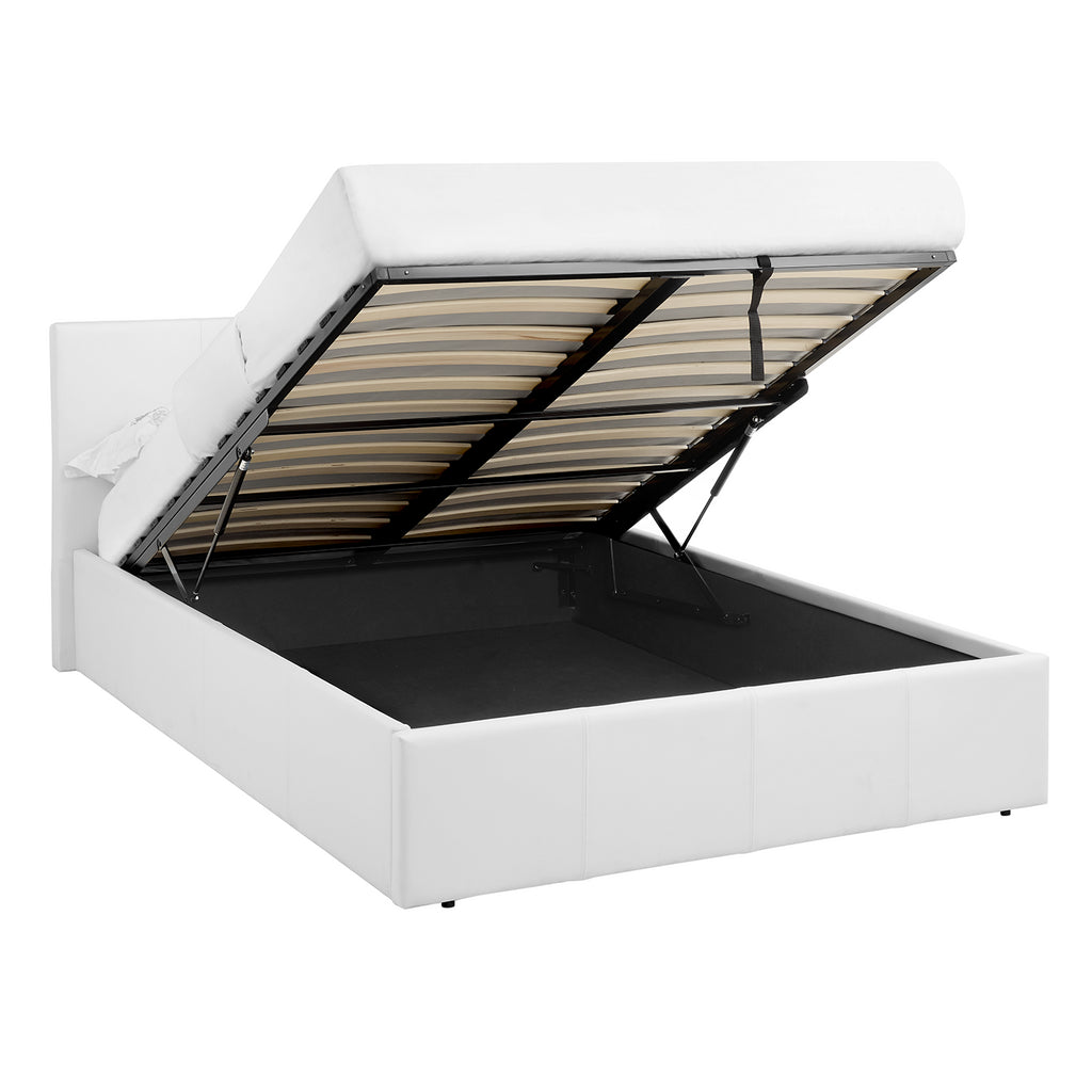 LUNA 4FT Small Double White Ottoman Storage Bed with Gas Lift & 25cm Thick Memory Foam Mattress - L: 203cm x W: 138cm x H: 88.5cm