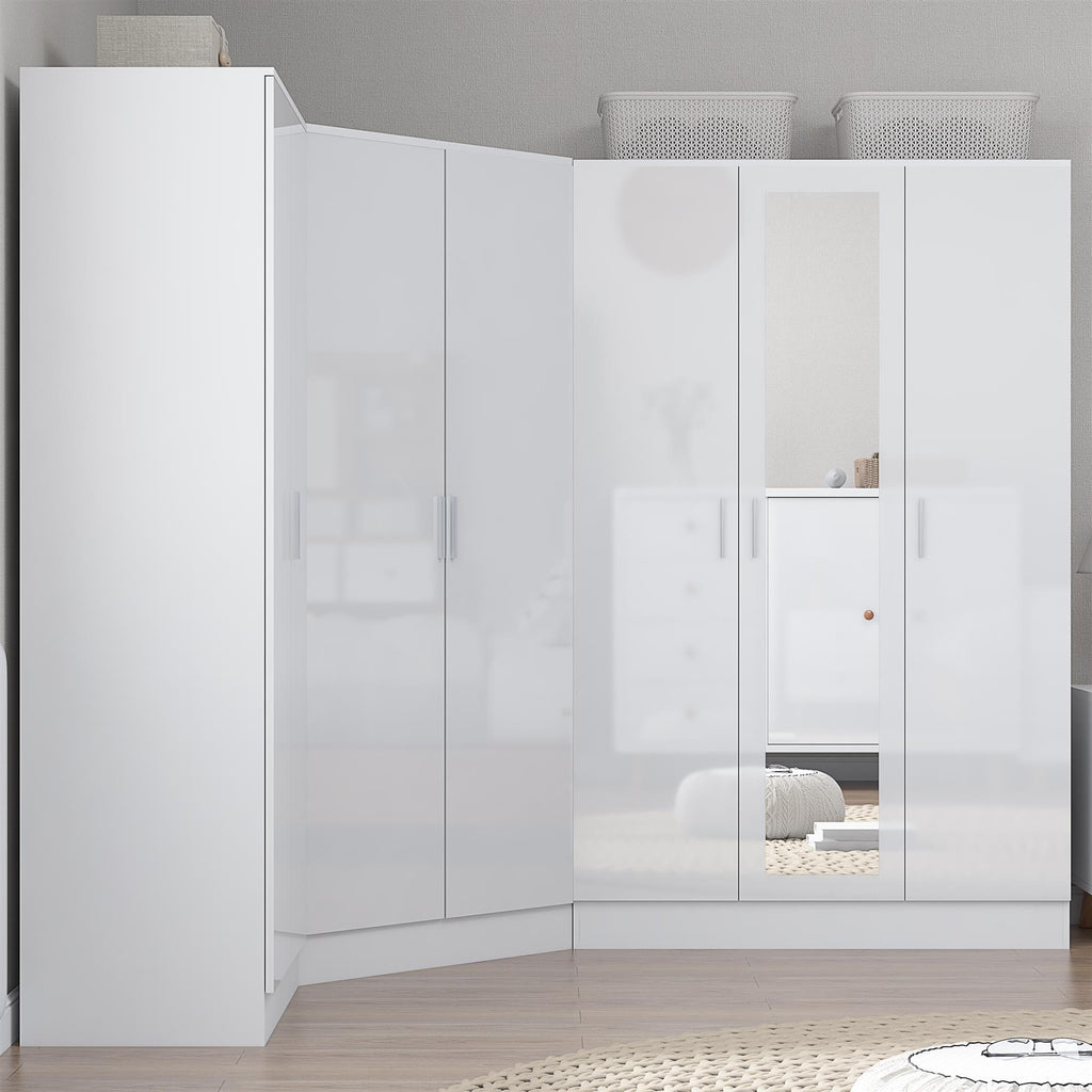 Reflect 3pc Wardrobe Bundle - 2 Door Corner + 3 Door Mirror + 2 Door Plain - White Gloss & Matt White
