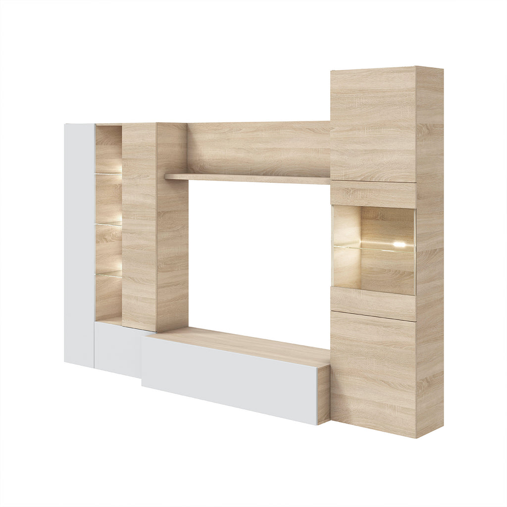 Modern Oak & White TV Unit with Glass Details and LED Lights- Media Storage for Living Rooms