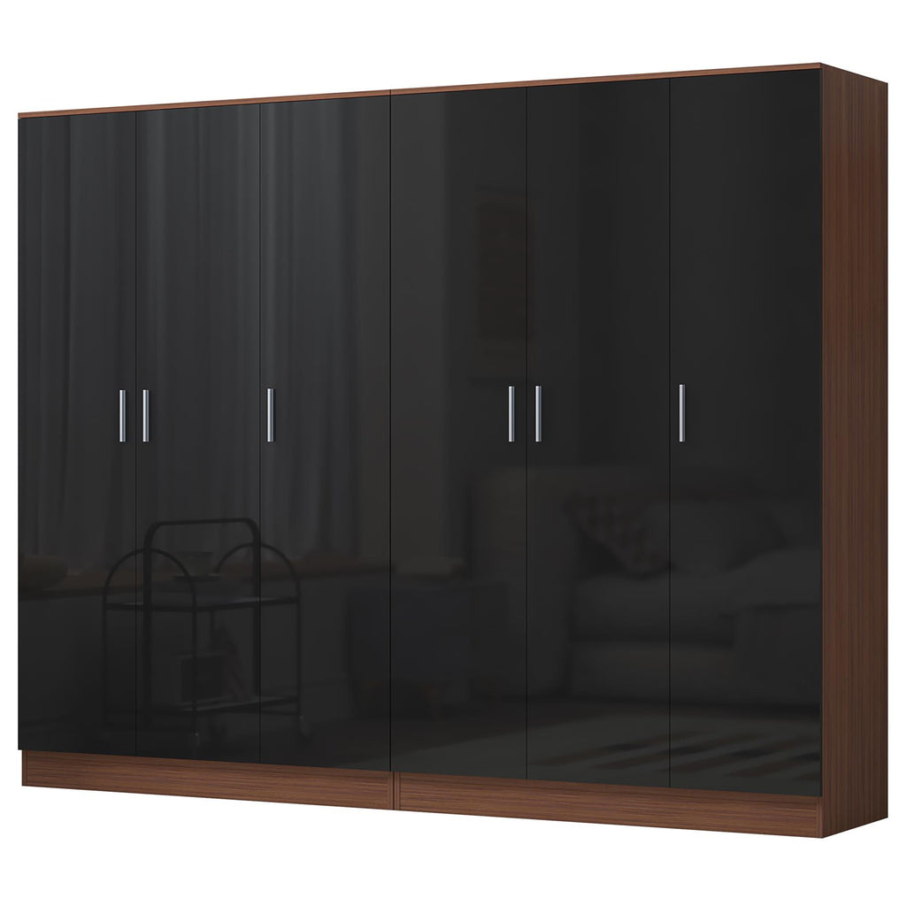 Reflect 2pc Wardrobe Bundle - 3 Door Plain + 3 Door Plain - Black Gloss & Walnut