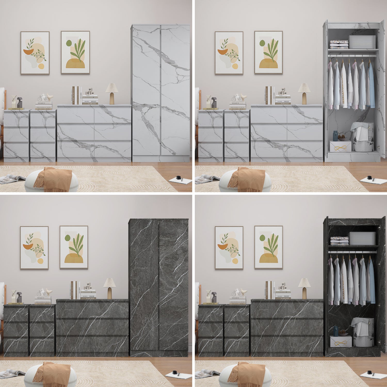 ZITA 4pc Set - 2 Door Wardrobe + Wide Chest + 2 Bedsides in White OR Grey Marble