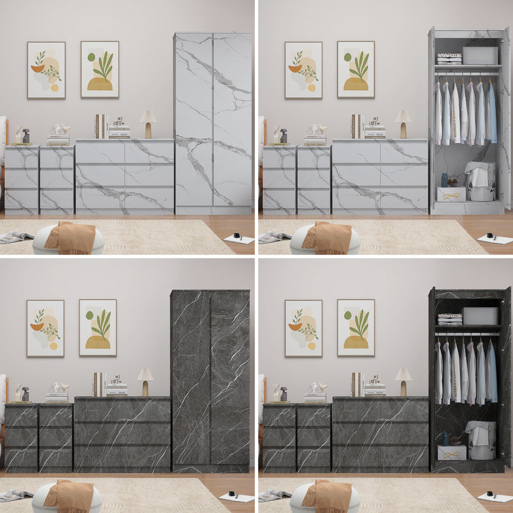 ZITA 4pc Set - 2 Door Wardrobe + Wide Chest + 2 Bedsides in White OR Grey Marble