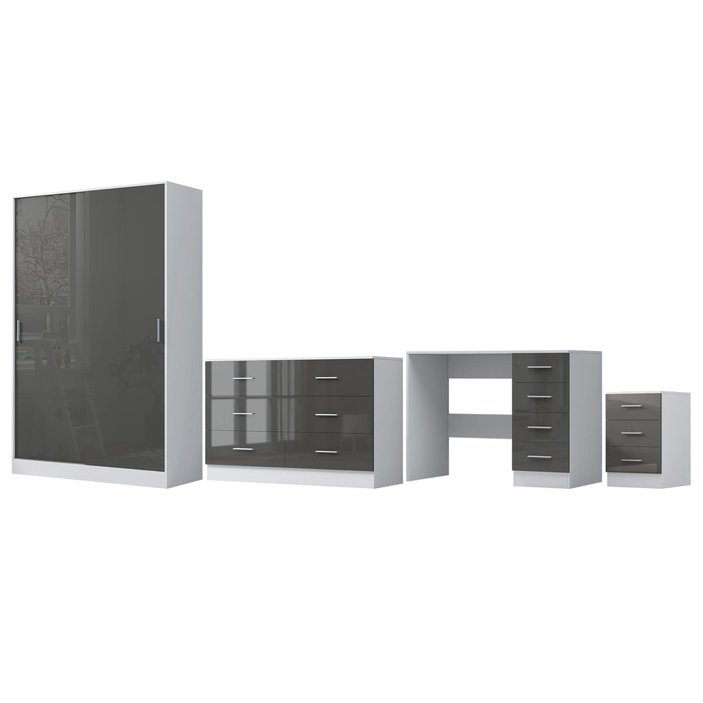 Reflect 2 Door Sliding Wardrobe, 6 Drawer Wide Chest, 3 Drawer Bedside, 4 Drawer Desk - Grey Gloss & Matt White - Modern Bedroom Furniture Set.