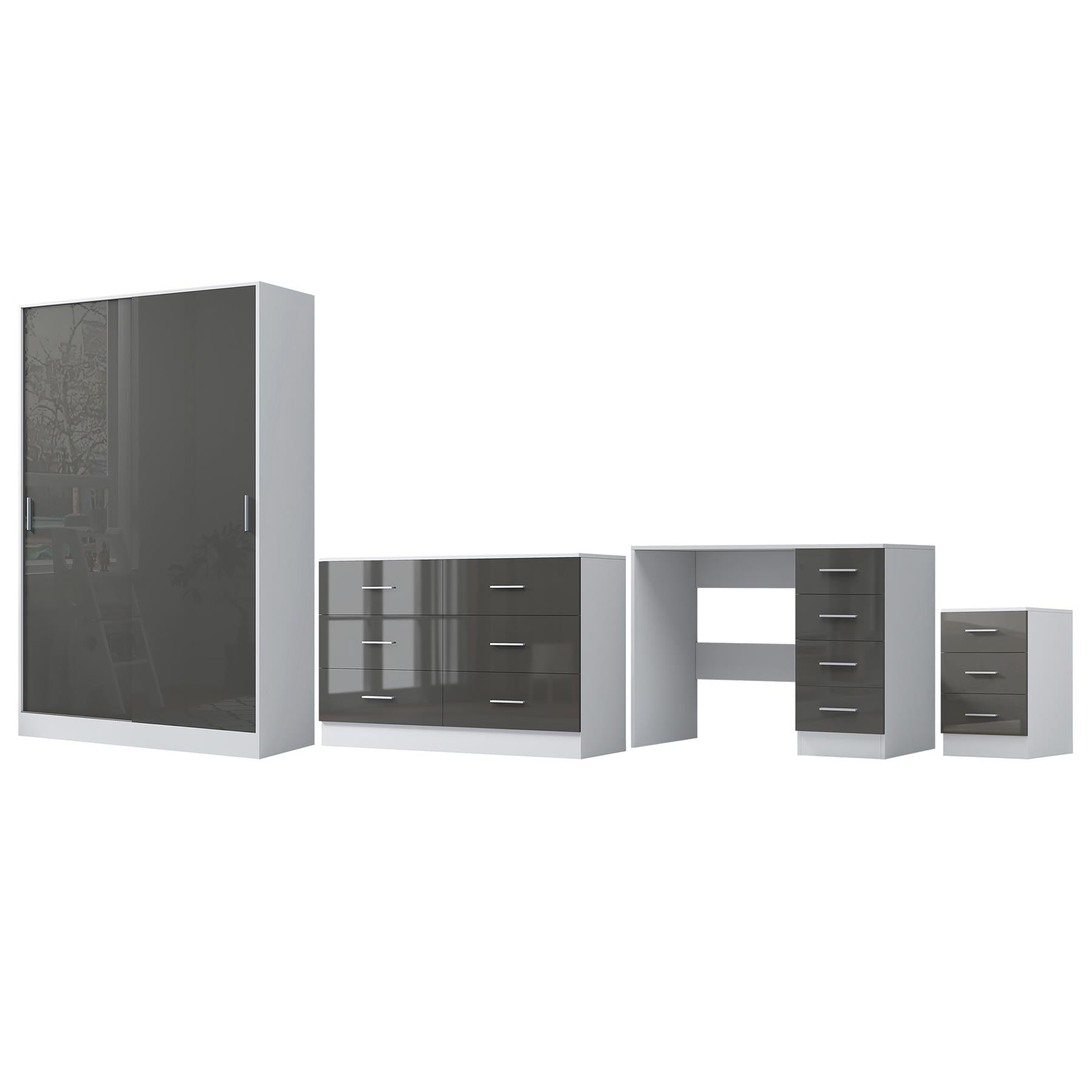 Reflect 2 Door Sliding Wardrobe, 6 Drawer Wide Chest, 3 Drawer Bedside, 4 Drawer Desk - Grey Gloss & Matt White - Modern Bedroom Furniture Set.