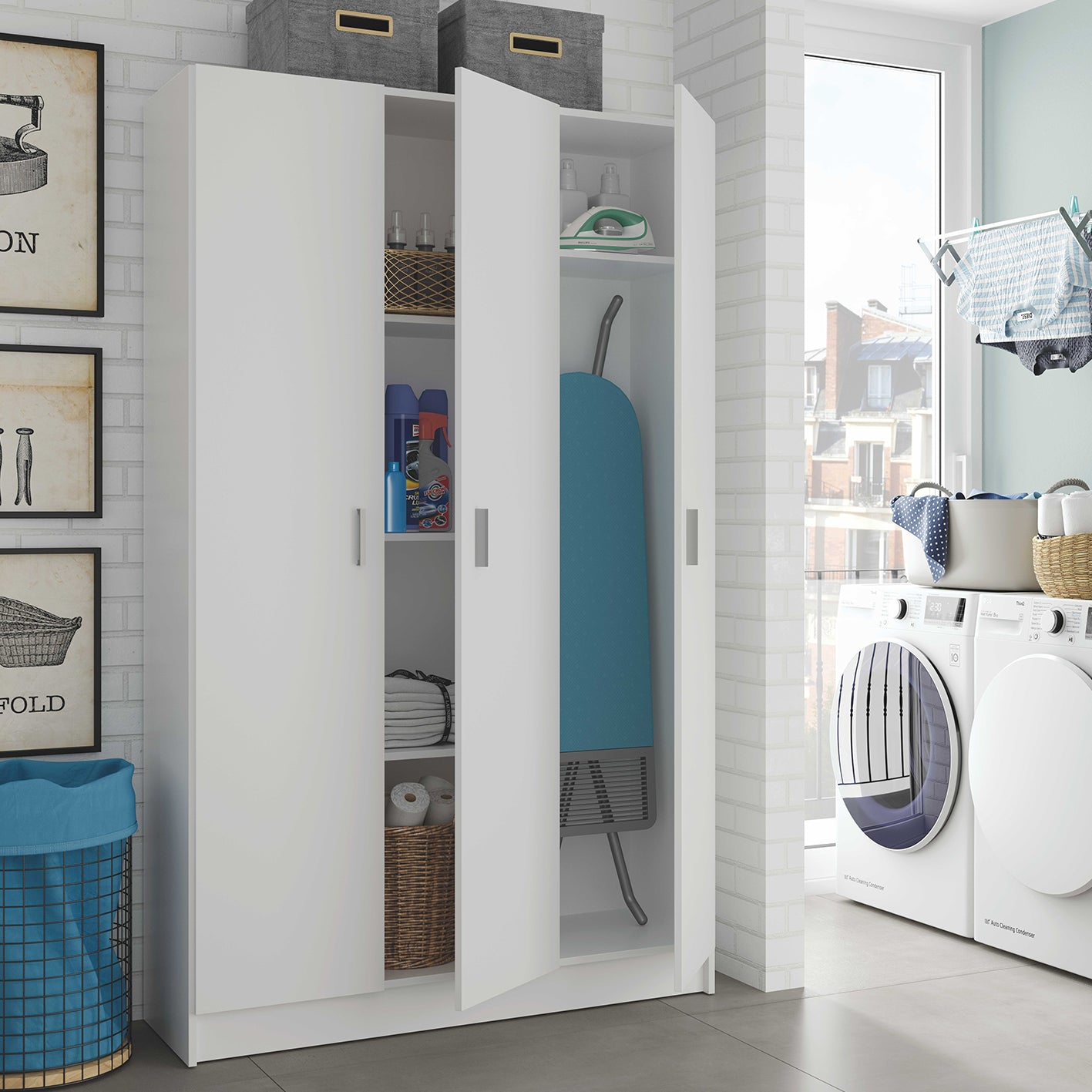 VITA White 3 Door Broom Cupboard - Modular Kitchen & Utility Room Cleaning Storage Cabinet - H: 180cm x W: 109cm x D: 37cm.