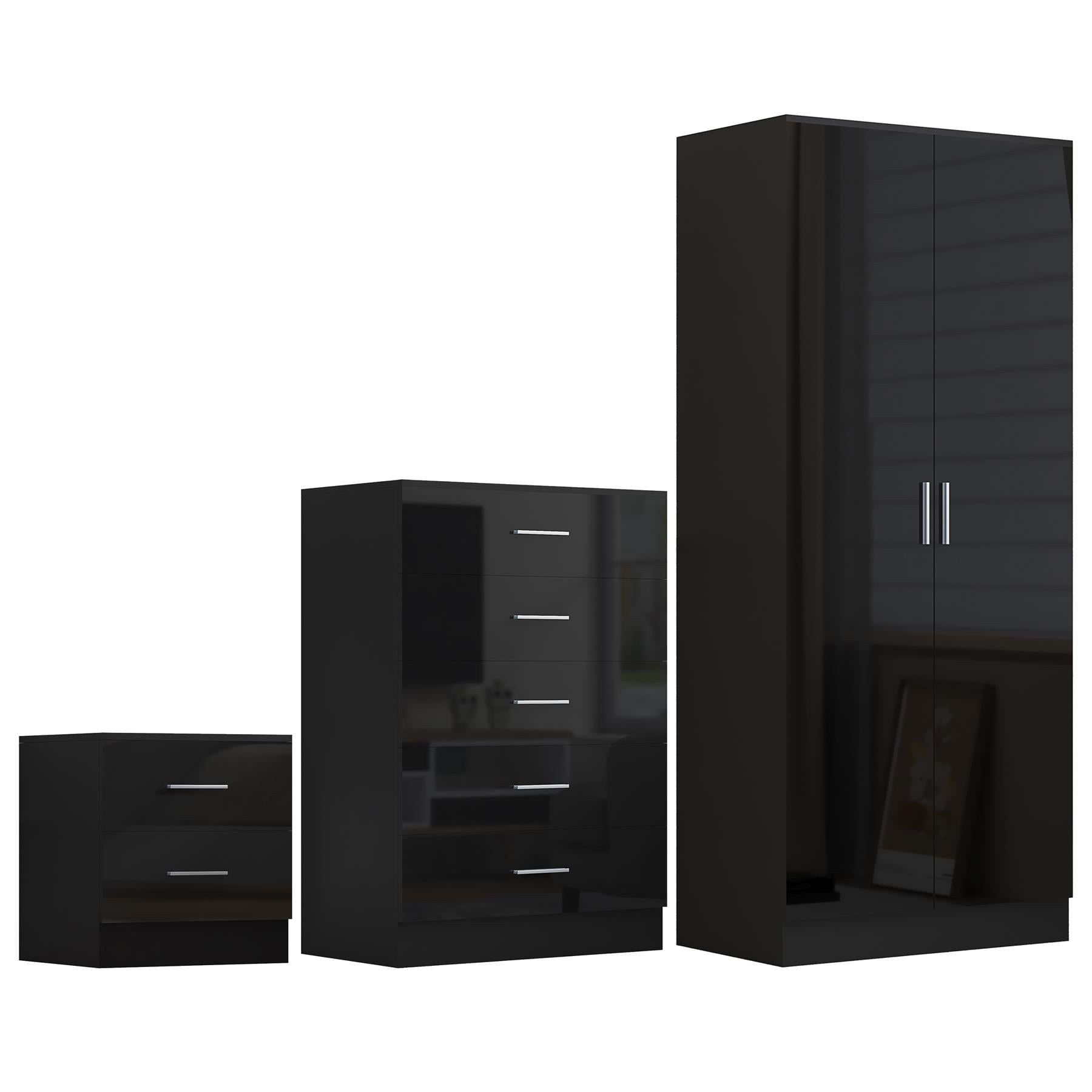 Reflect 2 Door Plain Wardrobe, 5 Drawer Chest, 2 Drawer Bedside - Black Gloss & Black Oak - Modern Bedroom Furniture Set