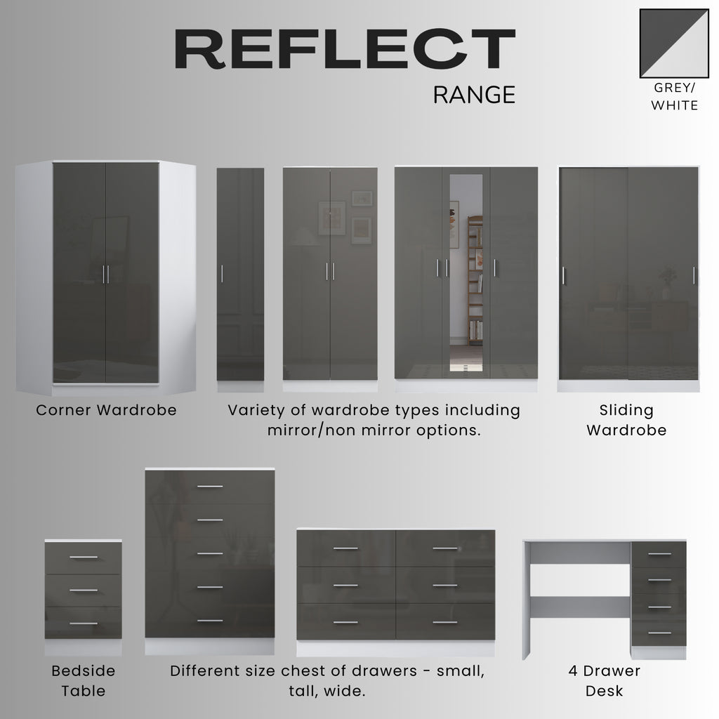 REFLECT High Gloss Bedroom Furniture Wardrobe Chest Bedside Desk in Grey/White