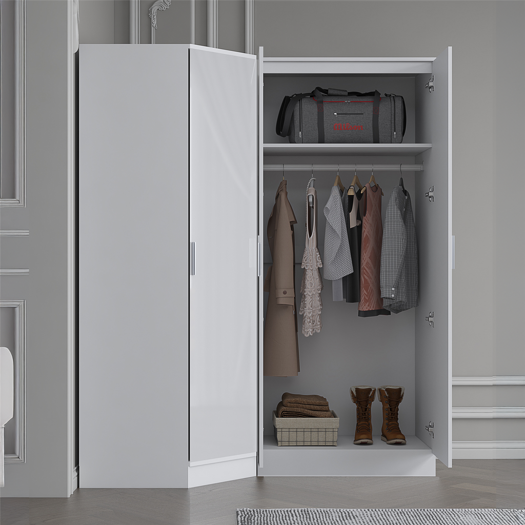 REFLECT - 1 Door Corner + 2 Door Plain Wardrobe in Gloss White / Matt White