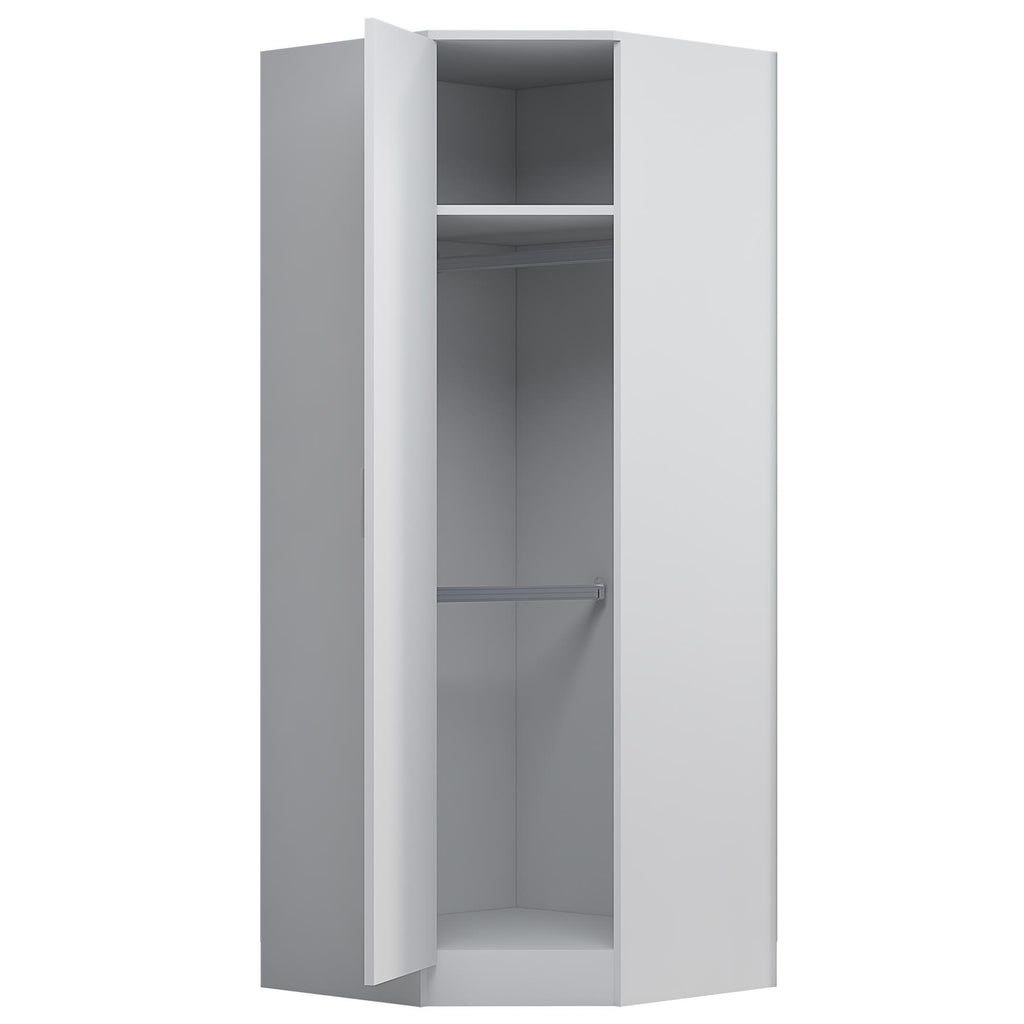 Reflect 1 Door Corner Wardrobe - White Gloss & Matt White - 2 Hanging Rails & 8 Shelves - H: 180cm x W: 74.4cm - Modern Design