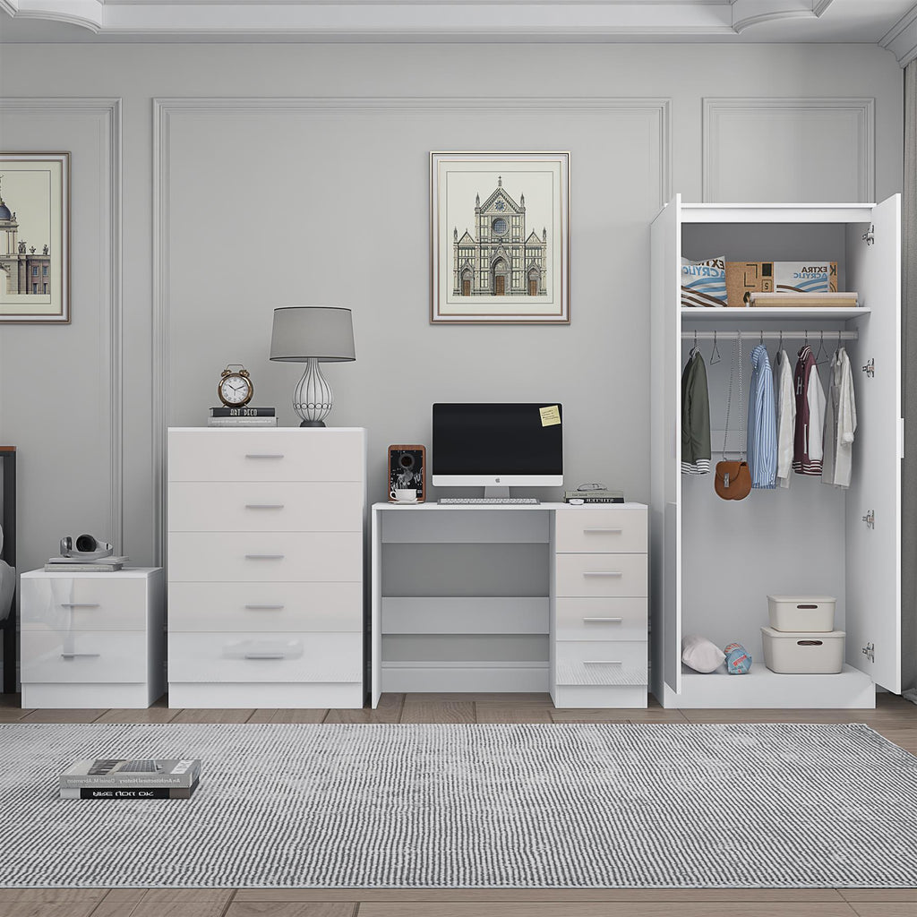 Reflect 2 Door Mirror Wardrobe, 5 Drawer Chest, 2 Drawer Bedside & Desk - White Gloss & Matt White - Modern Bedroom Furniture Set