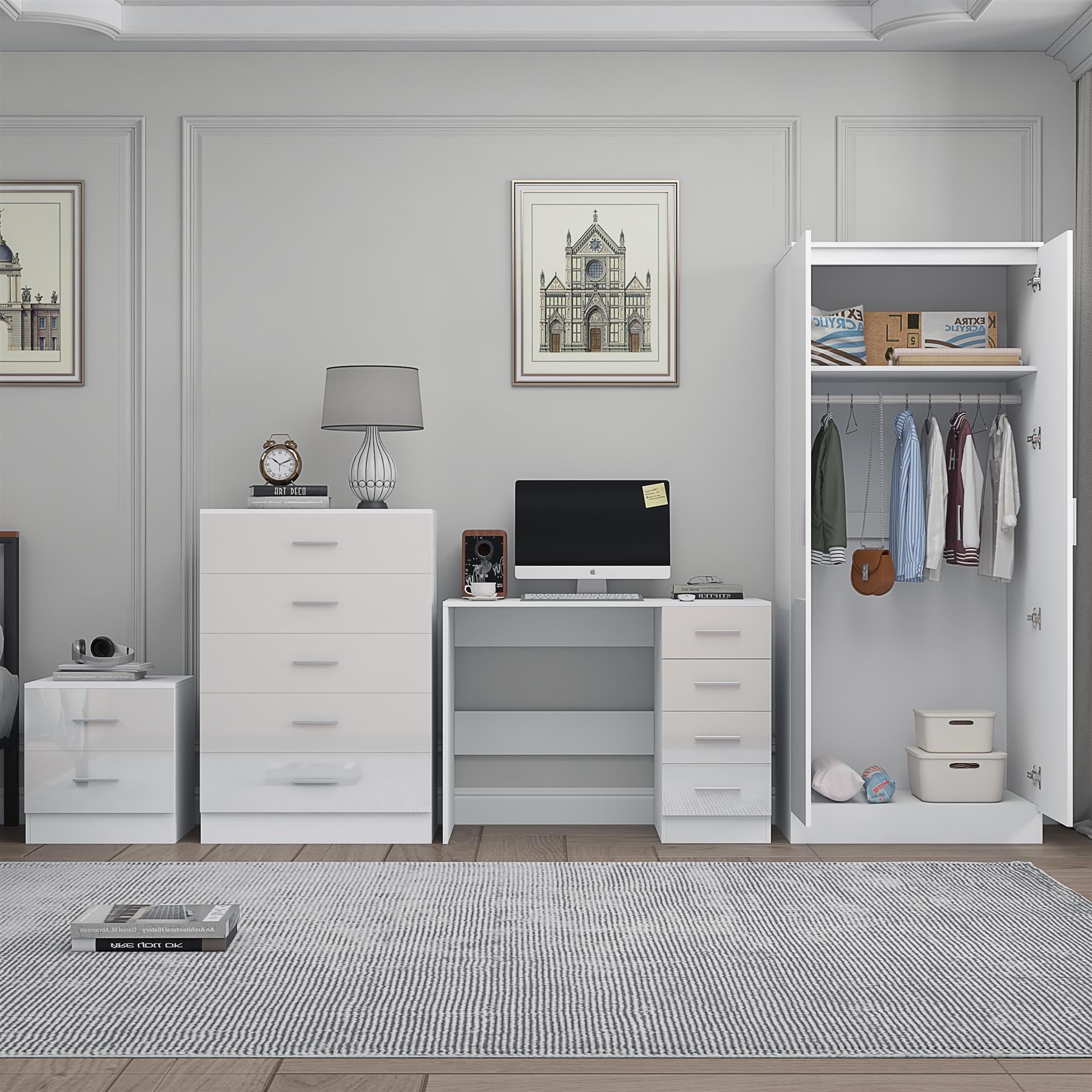 Reflect 2 Door Mirror Wardrobe, 5 Drawer Chest, 2 Drawer Bedside & Desk - White Gloss & Matt White - Modern Bedroom Furniture Set