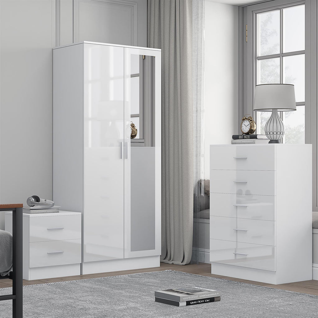 Reflect 2 Door Mirror Wardrobe, 5 Drawer Chest, 2 Drawer Bedside - White Gloss & Matt White - Modern Bedroom Furniture Set