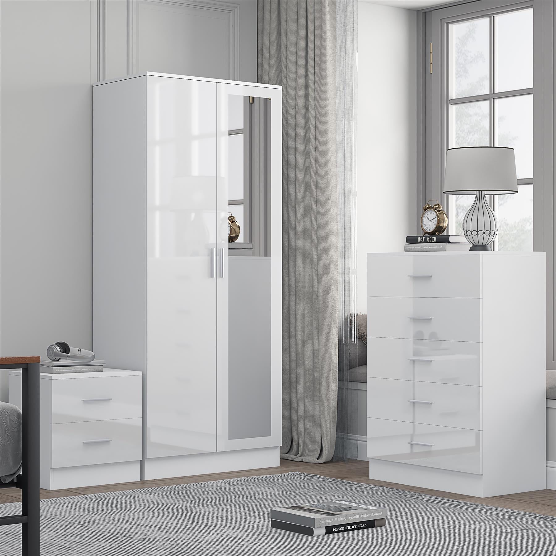 Reflect 2 Door Mirror Wardrobe, 5 Drawer Chest, 2 Drawer Bedside - White Gloss & Matt White - Modern Bedroom Furniture Set
