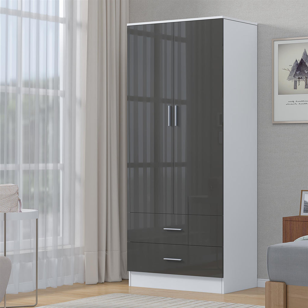 REFLECT High Gloss Bedroom Furniture Wardrobe Chest Bedside Desk in Grey/White