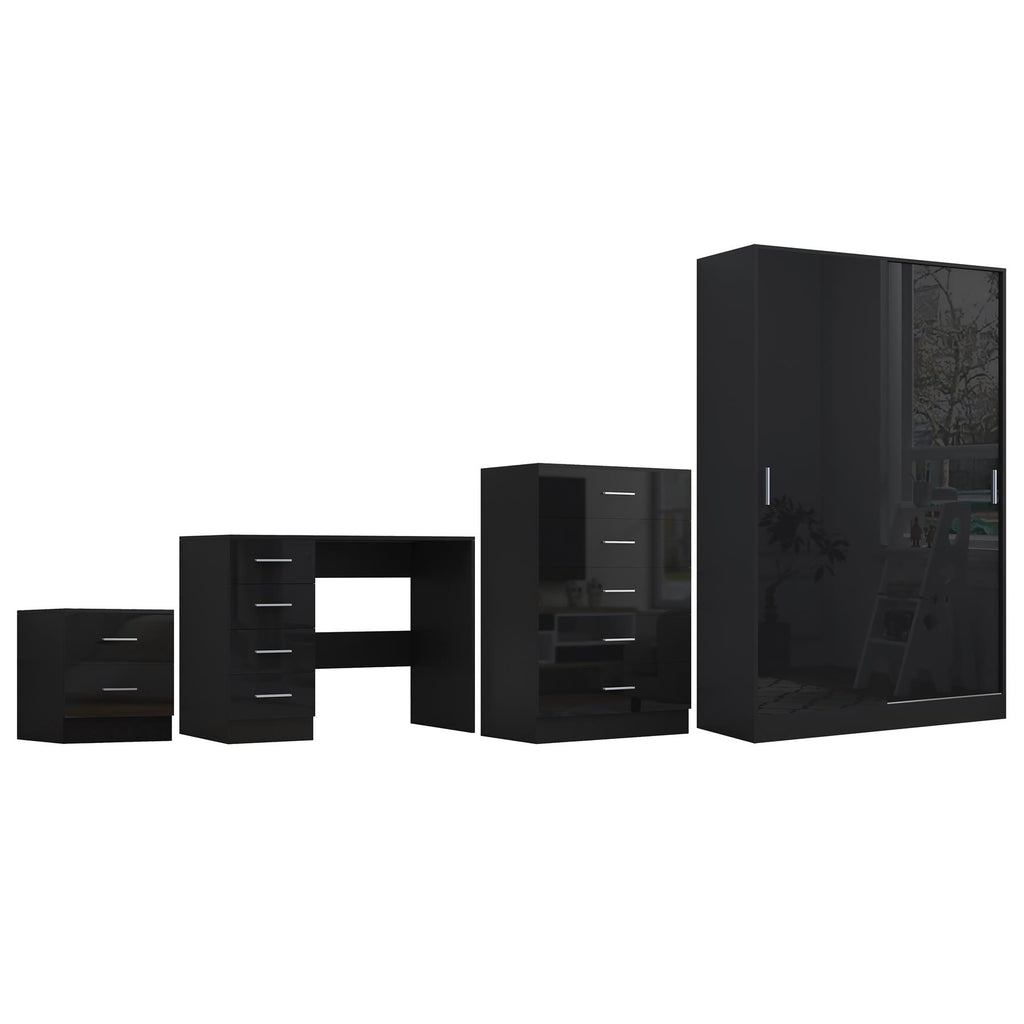 REFLECT Gloss 4pc Set - 2 Door Sliding Wardrobe + 5 Draw Chest + Bedside + Desk