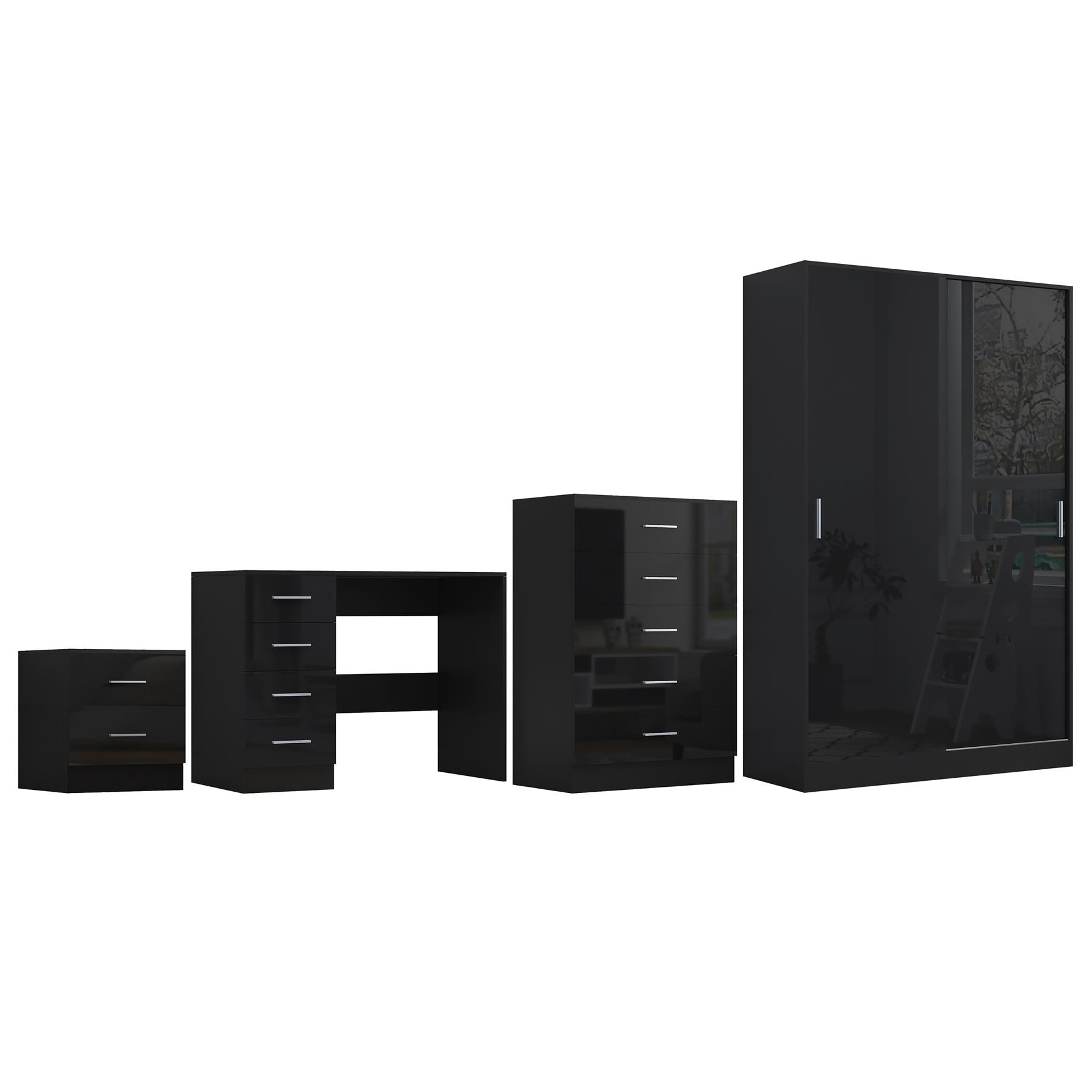 Reflect 2 Door Sliding Wardrobe, 5 Drawer Chest, 2 Drawer Bedside & Desk - Black Gloss & Black Oak - Modern Bedroom Furniture Set
