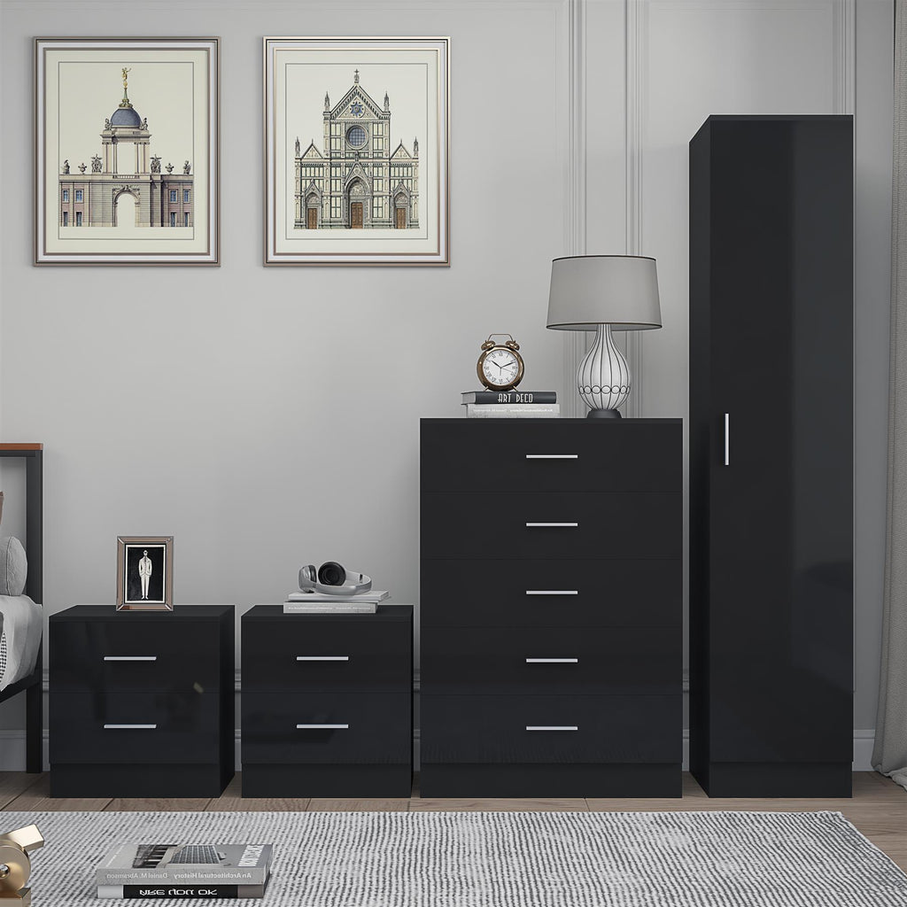 Reflect 1 Door Plain Wardrobe, 5 Drawer Chest, 2x 2 Drawer Bedsides - Black Gloss & Black Oak - Modern Bedroom Furniture Set