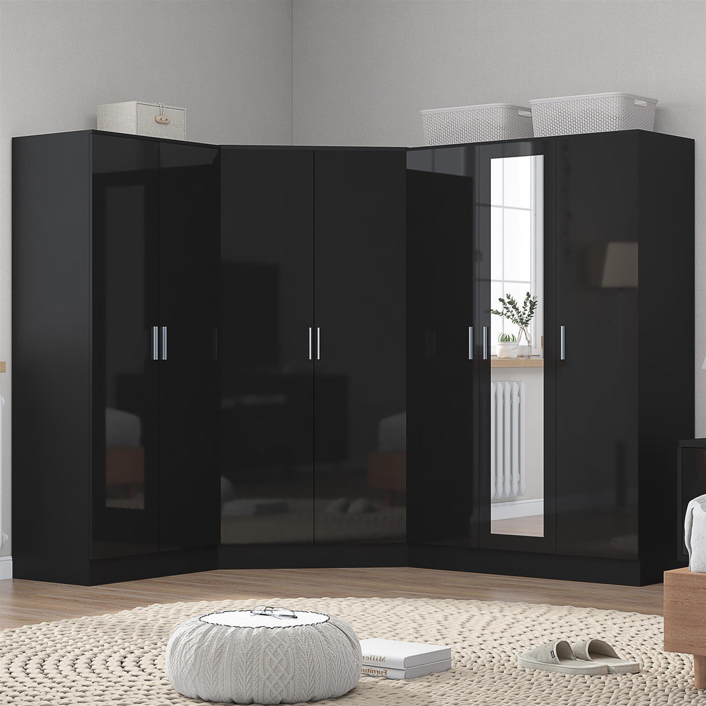 Reflect 3pc Wardrobe Bundle - 2 Door Corner + 3 Door Mirror + 2 Door Plain - Black Gloss & Black Oak