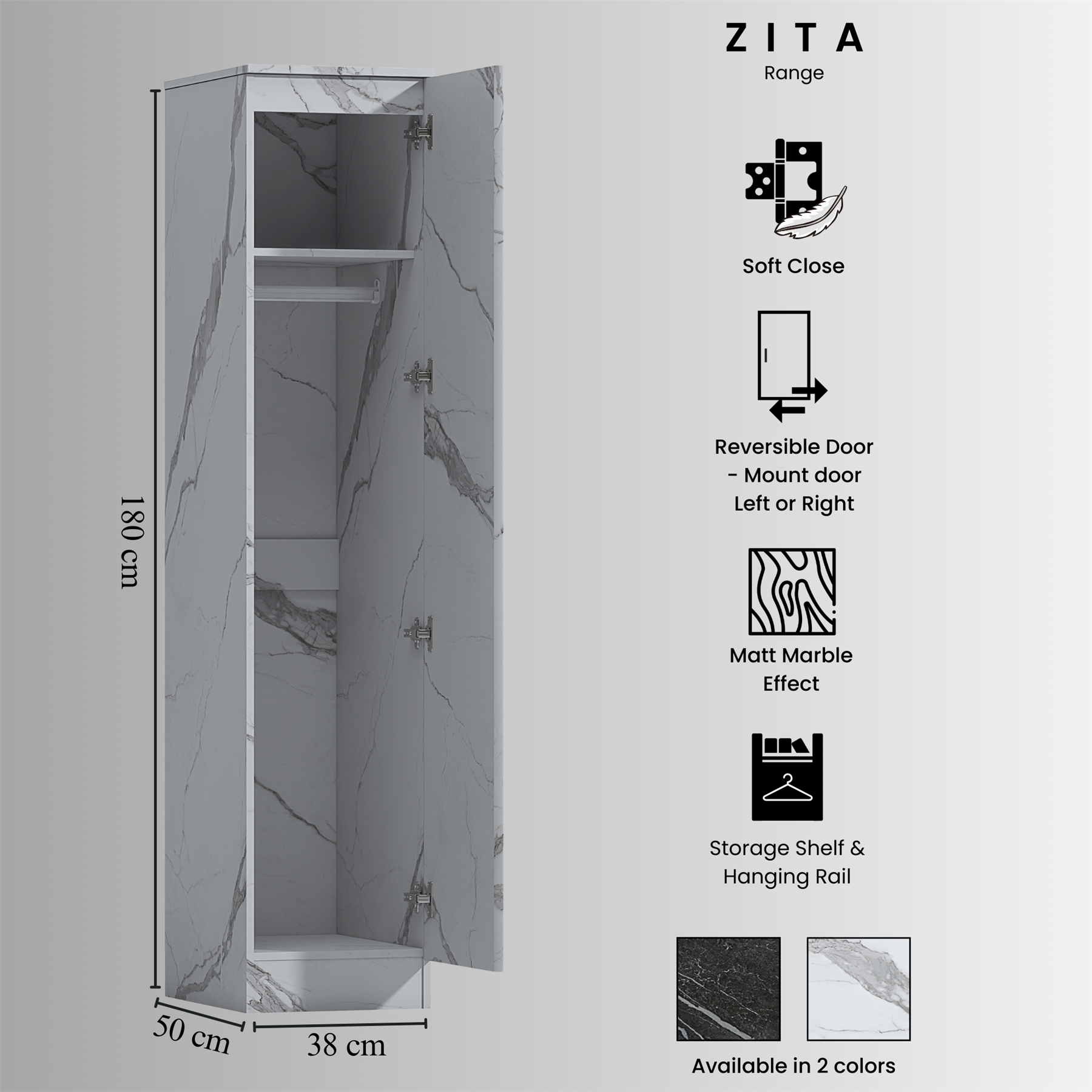 ZITA 4pc White Marble Effect Bedroom Set - 1-Door Wardrobe, Tall Chest & 2 Bedside Tables, Stylish Modern Storage Furniture