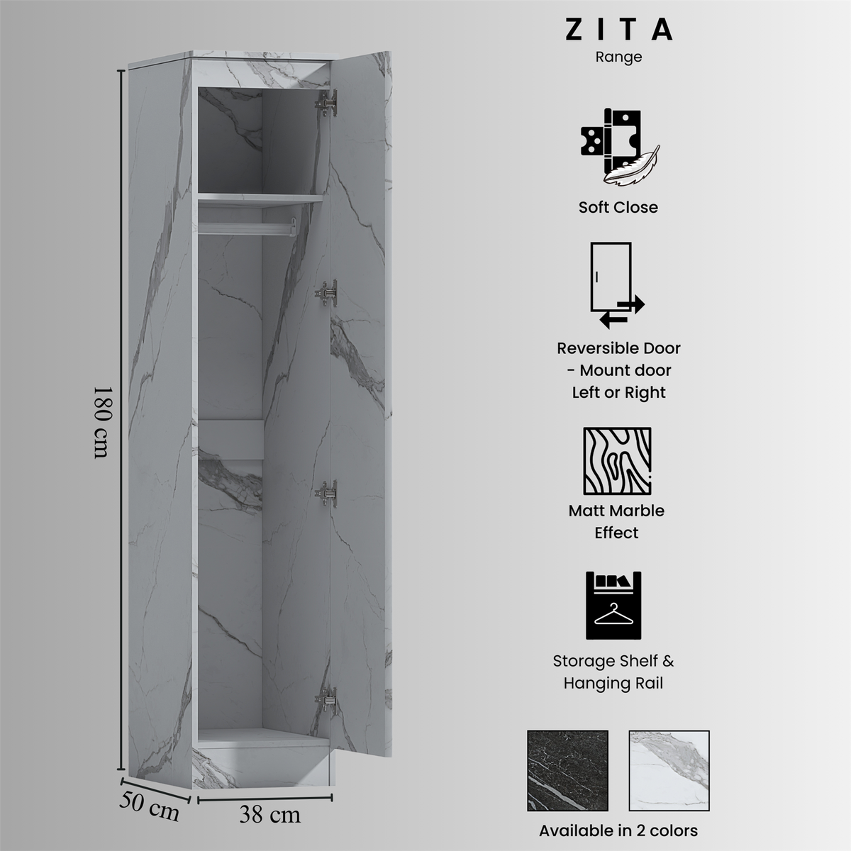 ZITA 4pc White Marble Effect Bedroom Set - 1-Door Wardrobe, Tall Chest & 2 Bedside Tables, Stylish Modern Storage Furniture