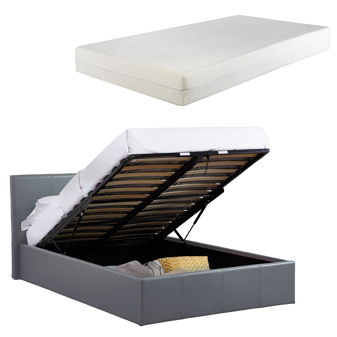 LUNA 4FT Small Double Grey Ottoman Storage Bed with Gas Lift & 25cm Thick Memory Foam Mattress - L: 203cm x W: 138cm x H: 88.5cm