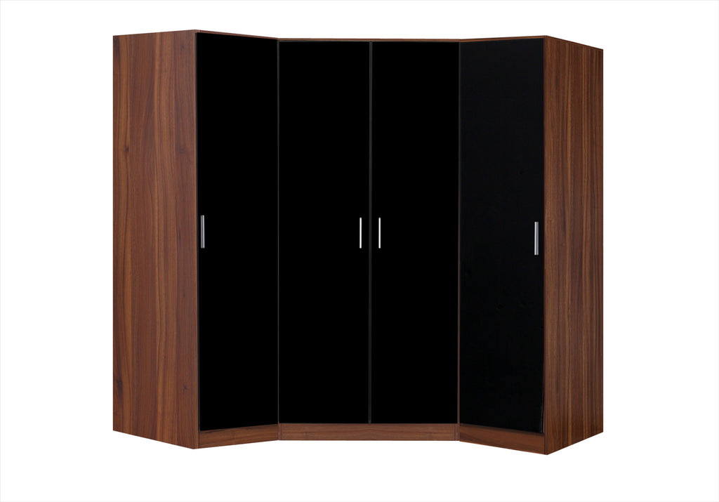 Reflect 3pc Wardrobe Bundle - 2 Door Corner + 2x 1 Door Plain - Black Gloss & Walnut - H: 180cm x W: 179cm x D: 103cm