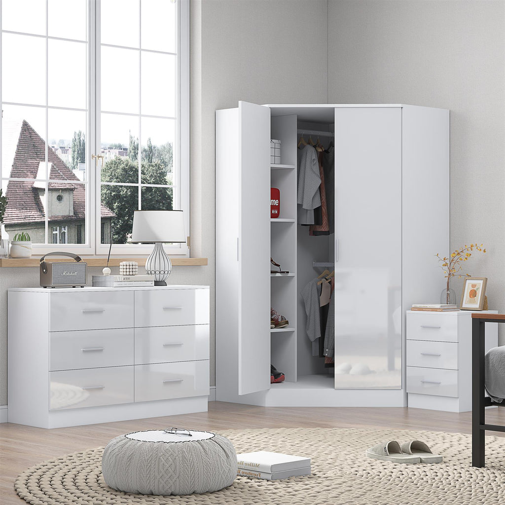 REFLECT - 2 Door CORNER + 6 Drawer Chest + 3 Drawer Bedside - Gloss White / Matt White