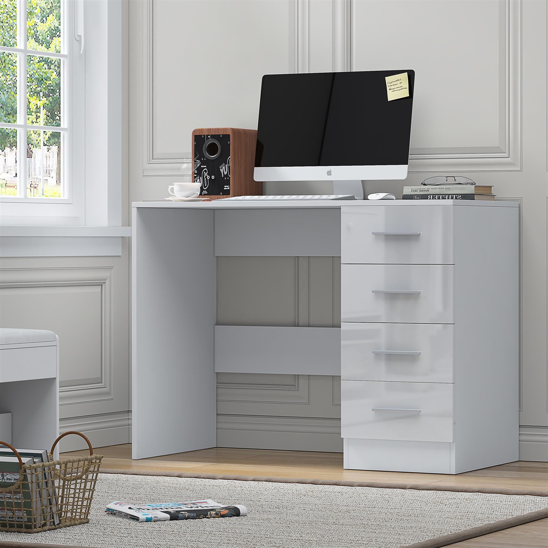 Reflect 4 Drawer Desk - White Gloss & Matt White - Modern Bedroom Storage for Vanity, Work or Study - H:72cm x W: 99cm x D: 39.5cm