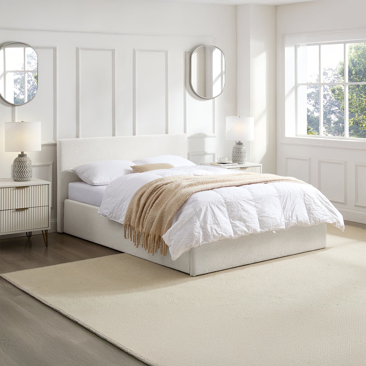 TEDDY BOUCLE 4FT Small Double White Ottoman Storage Bed Gas Lift Up - (L) 203cm x (W) 138cm with 25cm Memory Foam Mattress