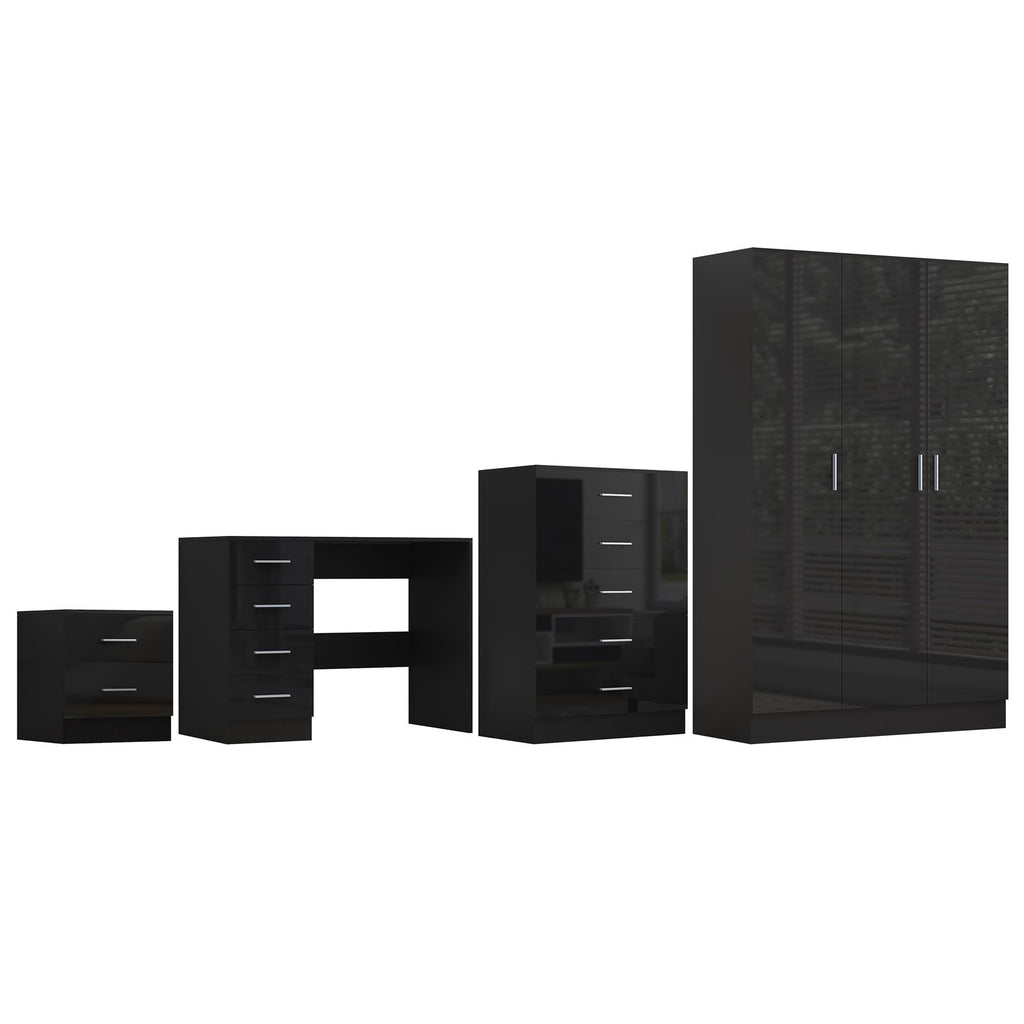 Reflect 3 Door Plain Wardrobe, 5 Drawer Chest, 2 Drawer Bedside & Desk - Black Gloss & Black Oak - Modern Bedroom Furniture Set