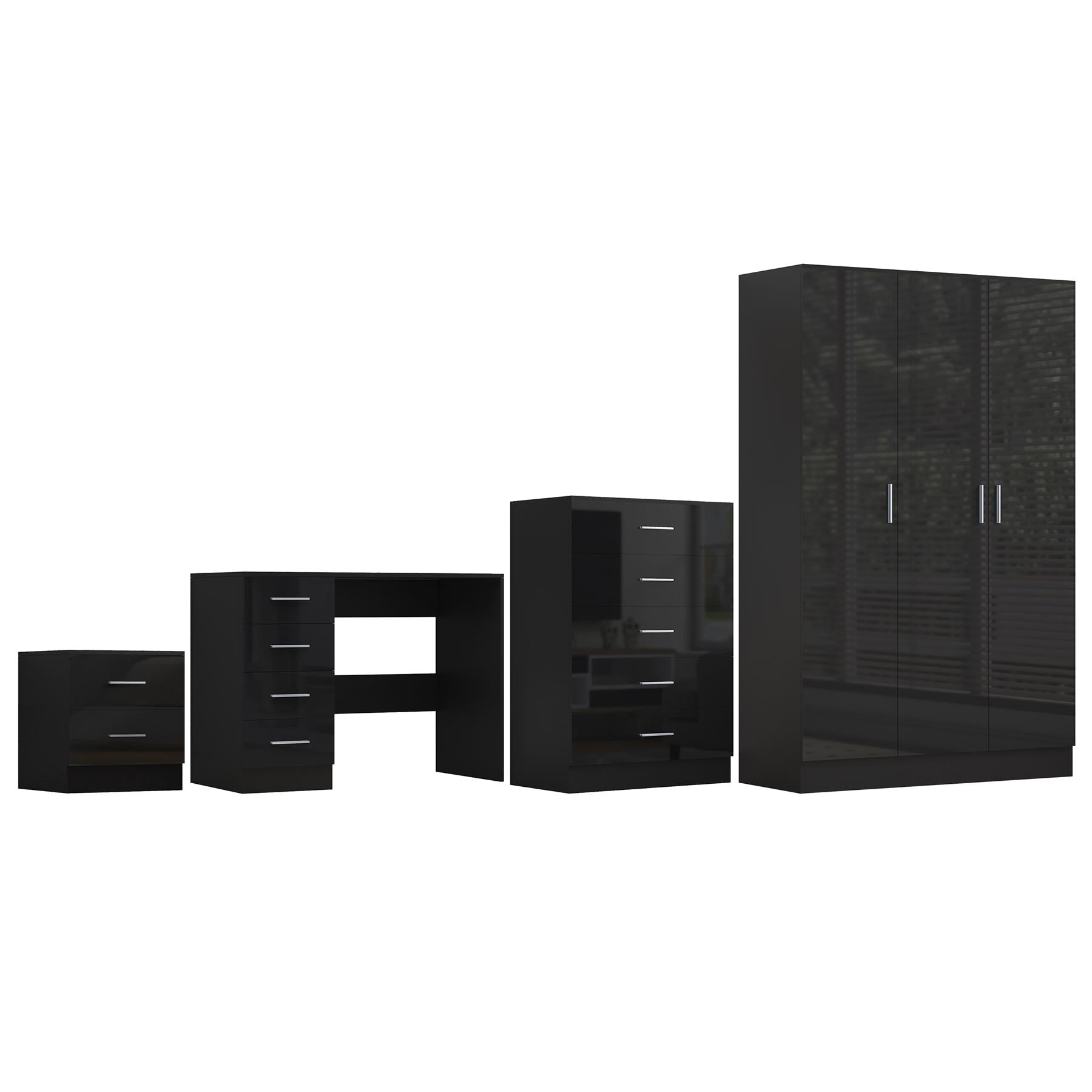 Reflect 3 Door Plain Wardrobe, 5 Drawer Chest, 2 Drawer Bedside & Desk - Black Gloss & Black Oak - Modern Bedroom Furniture Set