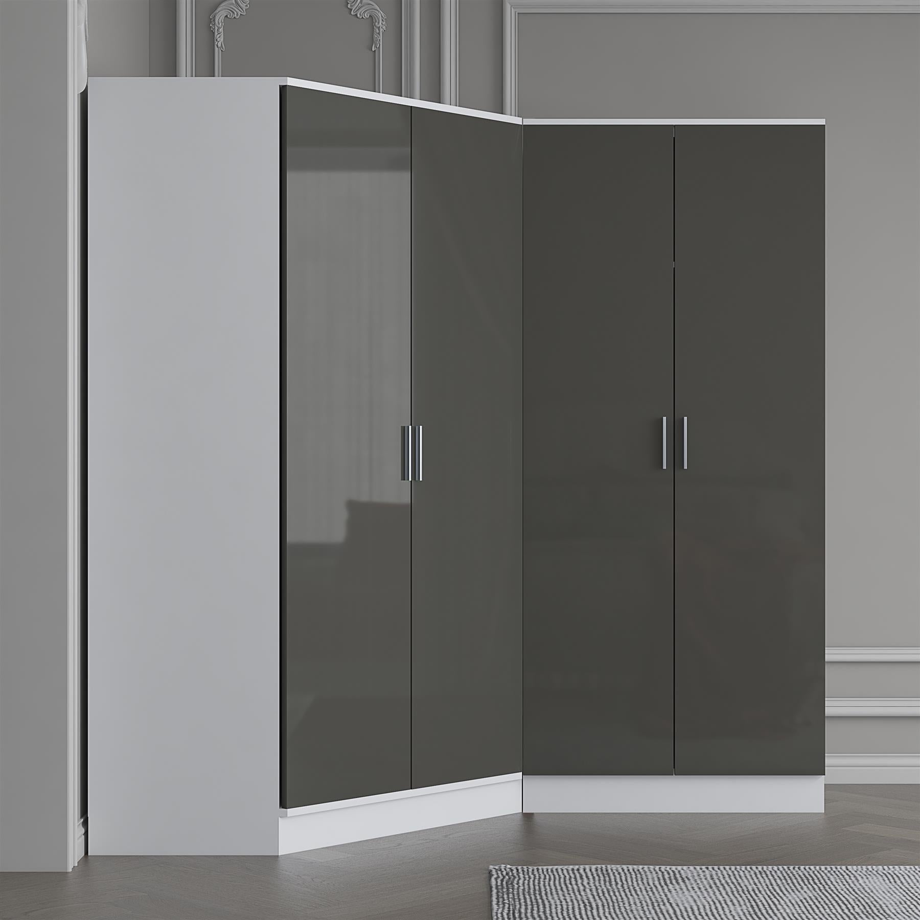 Reflect 2pc Wardrobe Bundle - 2 Door Corner + 2 Door Plain - Grey Gloss & Matt White - H: 180cm x W: 179cm x D: 103cm