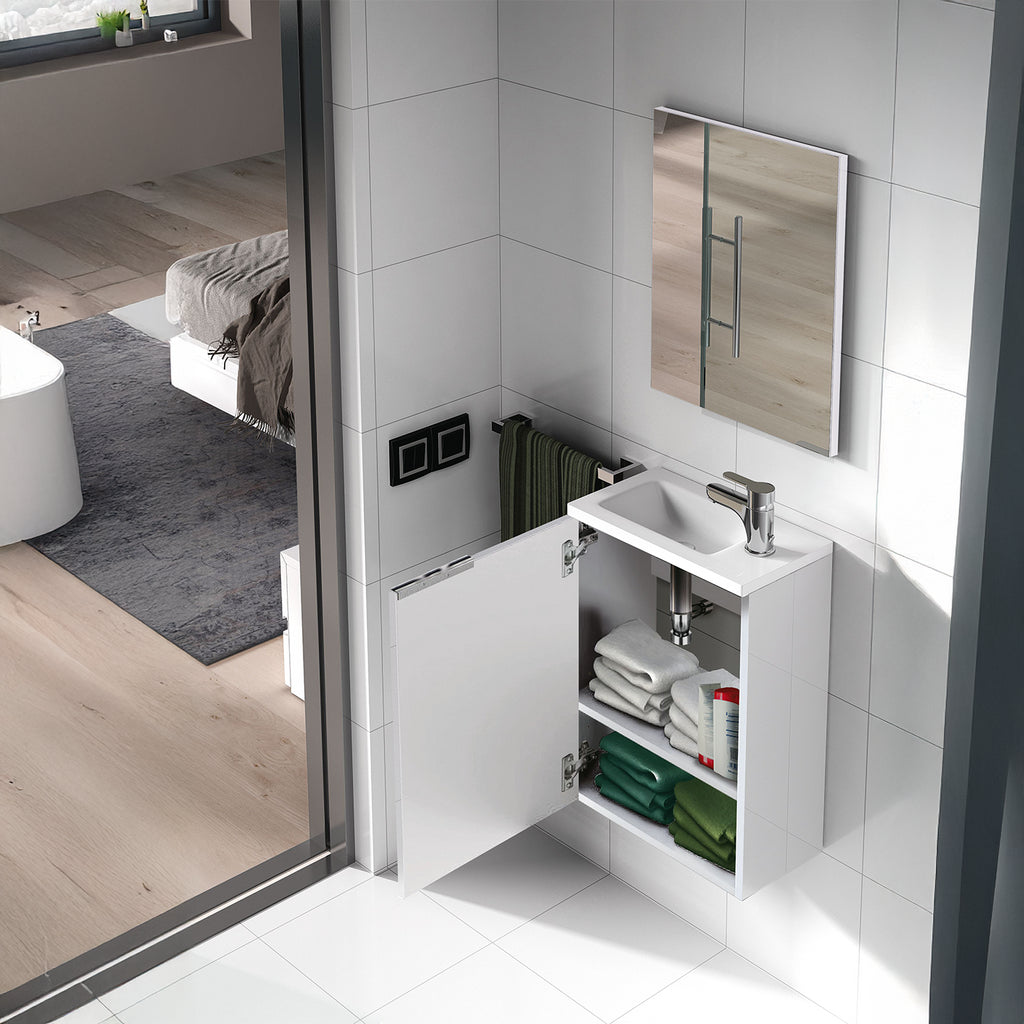 Gloss White 40cm Bathroom Vanity Unit with Sink and Mirror- Compact Basin Cabinet for Small Bathrooms.
