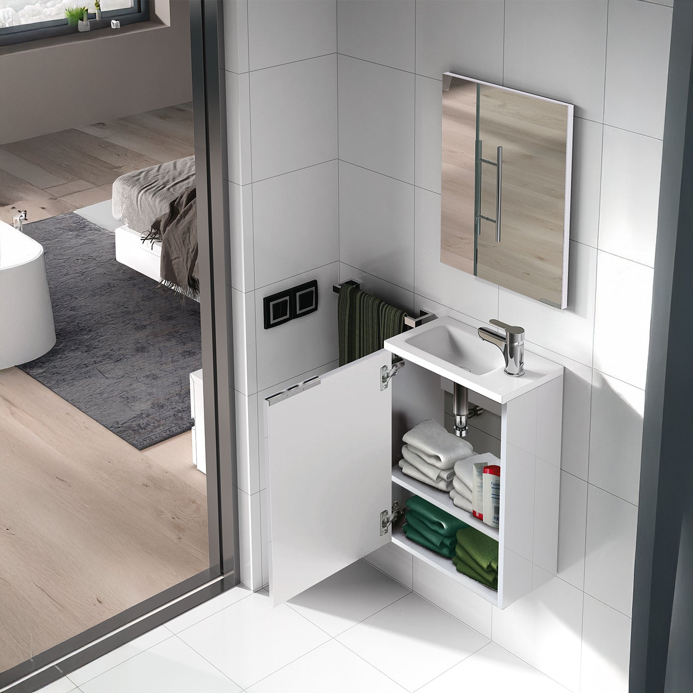 Gloss White 40cm Bathroom Vanity Unit with Sink and Mirror- Compact Basin Cabinet for Small Bathrooms.