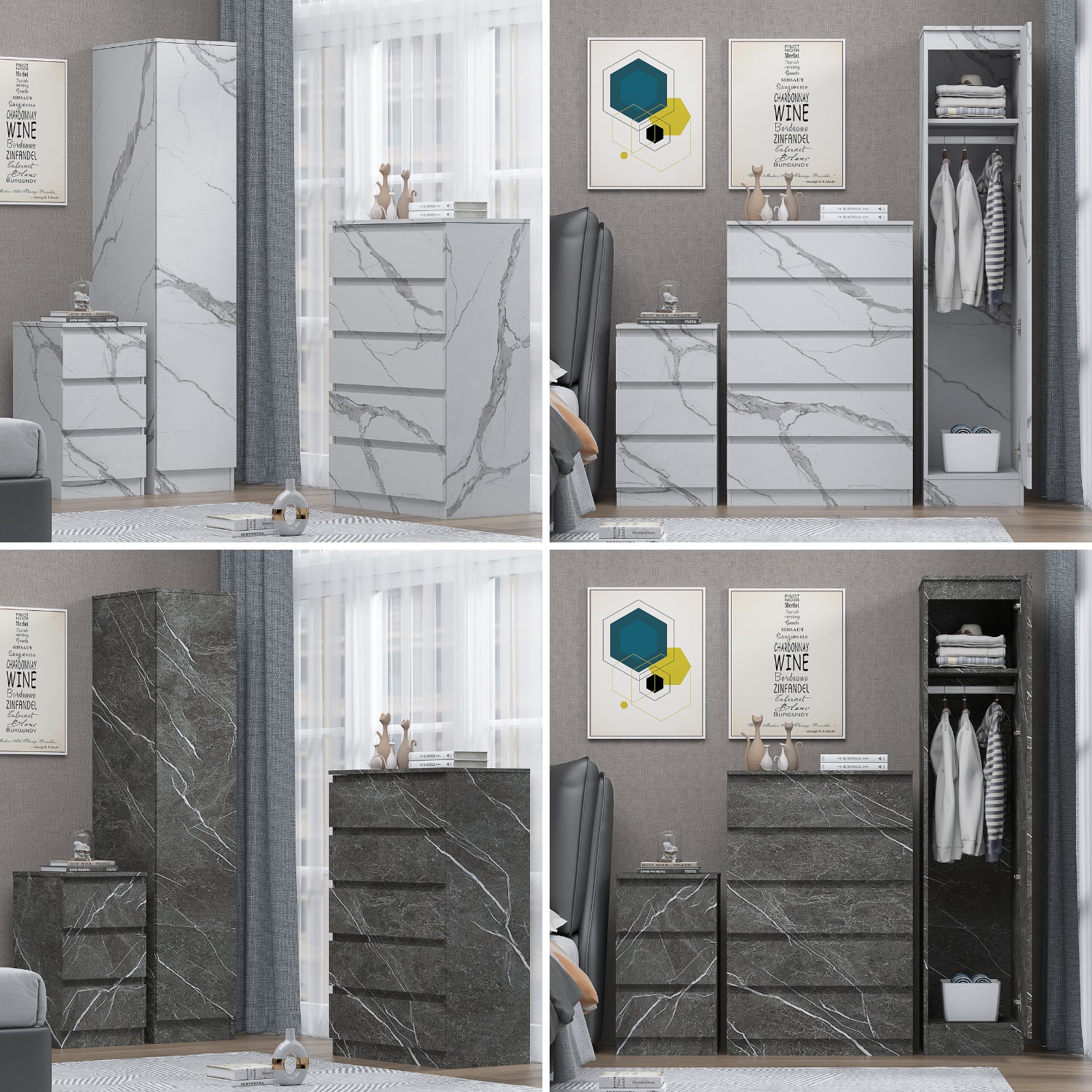 ZITA 3pc Set - 1 Door Wardrobe + Tall Chest + Bedside in White OR Grey Marble