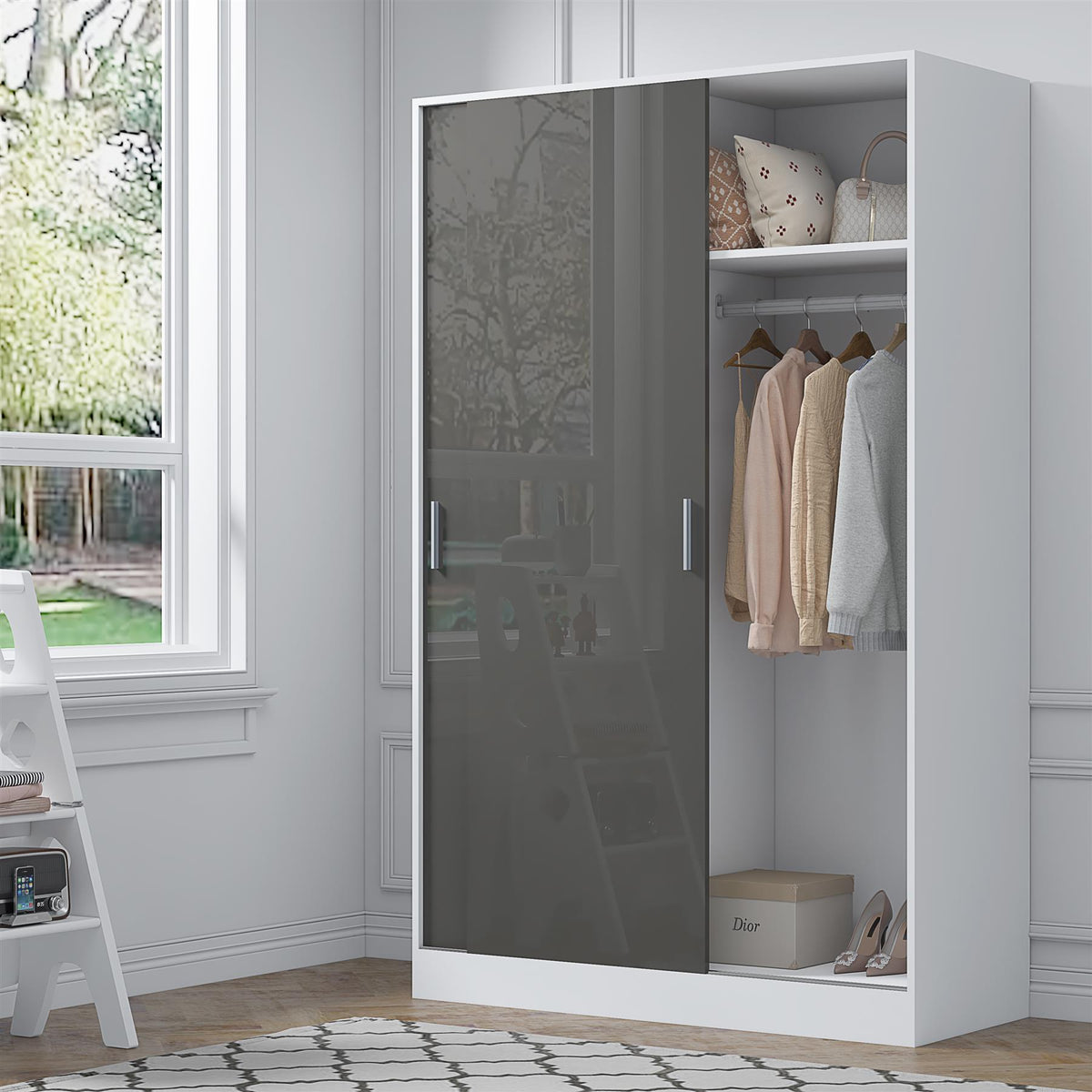 Reflect 2 Door Sliding Wardrobe - Grey Gloss & Matt White - Hanging Rails & Shelves - Modern Design