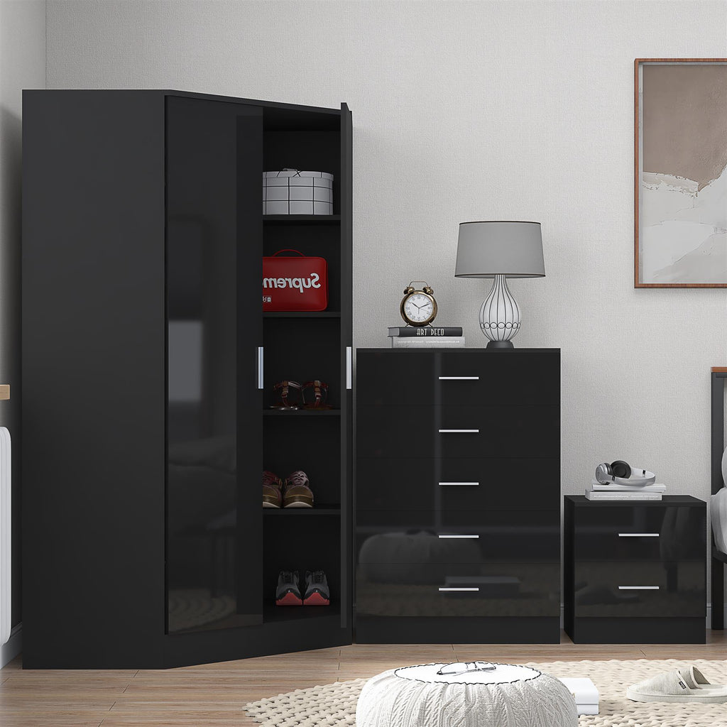 REFLECT Gloss 4pc Set - 2 Door Corner Wardrobe + 5 Draw Chest + Bedside