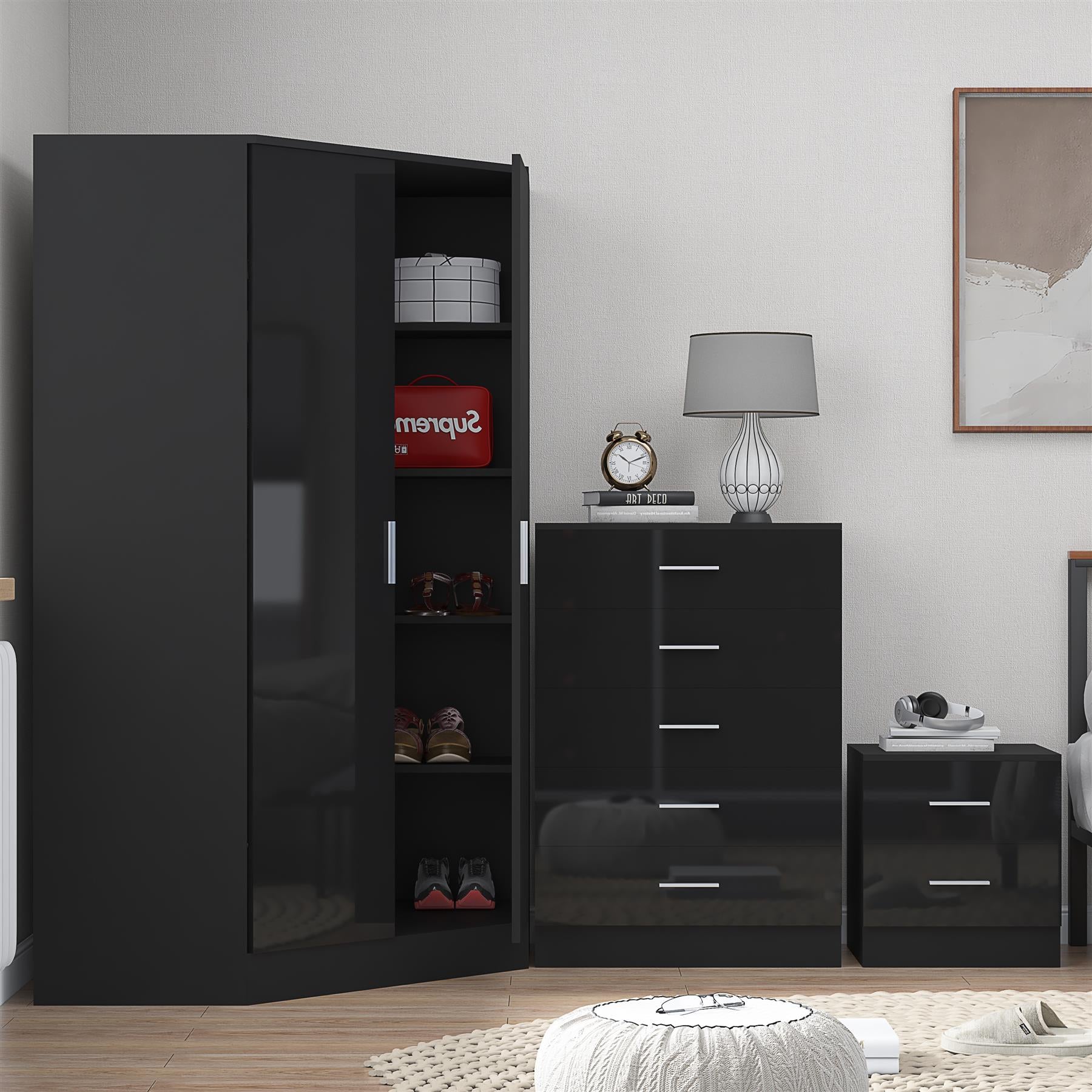 REFLECT Gloss 4pc Set - 2 Door Corner Wardrobe + 5 Draw Chest + Bedside