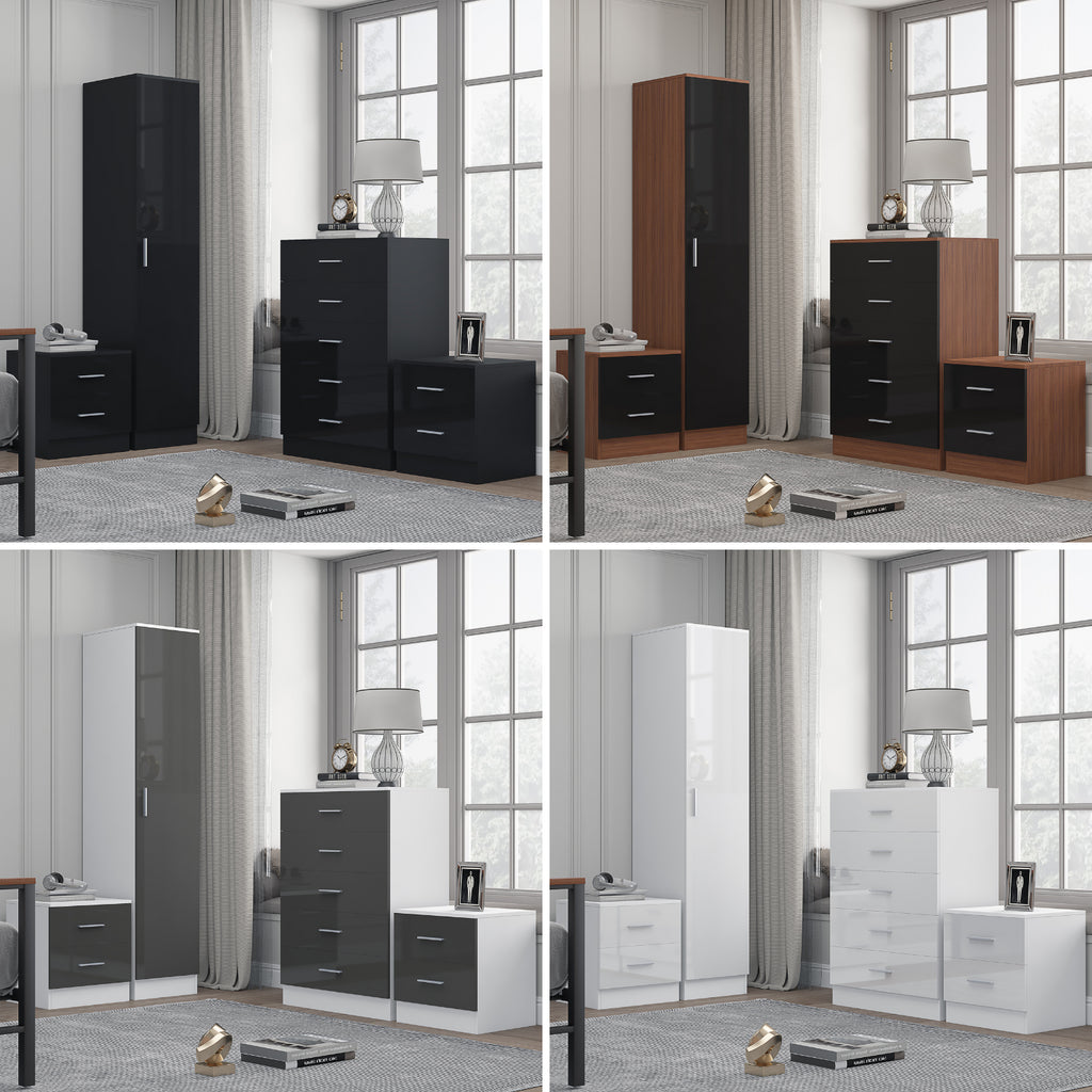 REFLECT Gloss 4pc Bedroom Set - 1 Door Wardrobe + 5 Draw Chest + 2 Bedsides