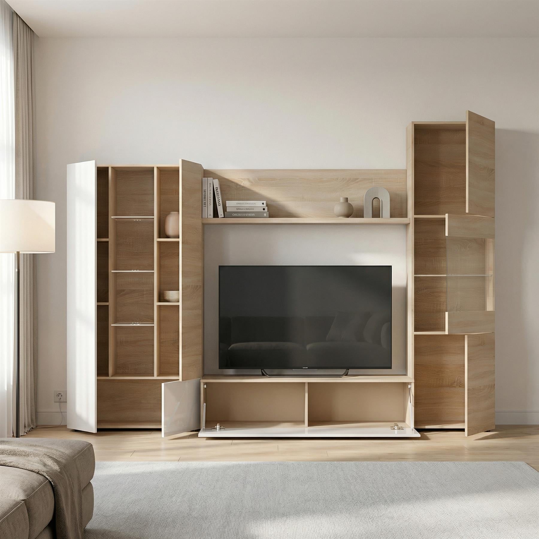 Modern Oak & White TV Unit with Glass Details and LED Lights- Media Storage for Living Rooms