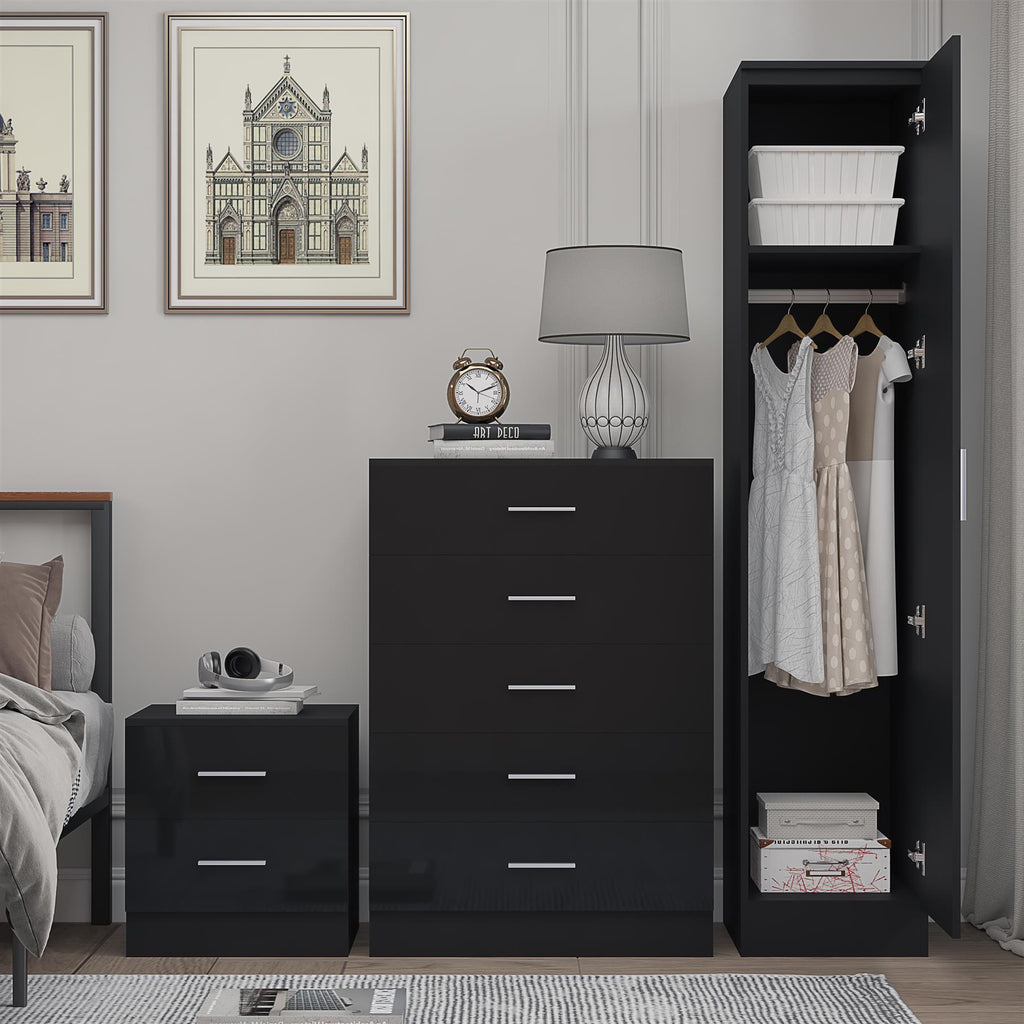 Reflect 1 Door Plain Wardrobe, 5 Drawer Chest, 2 Drawer Bedside - Black Gloss & Black Oak - Bedroom Furniture Set